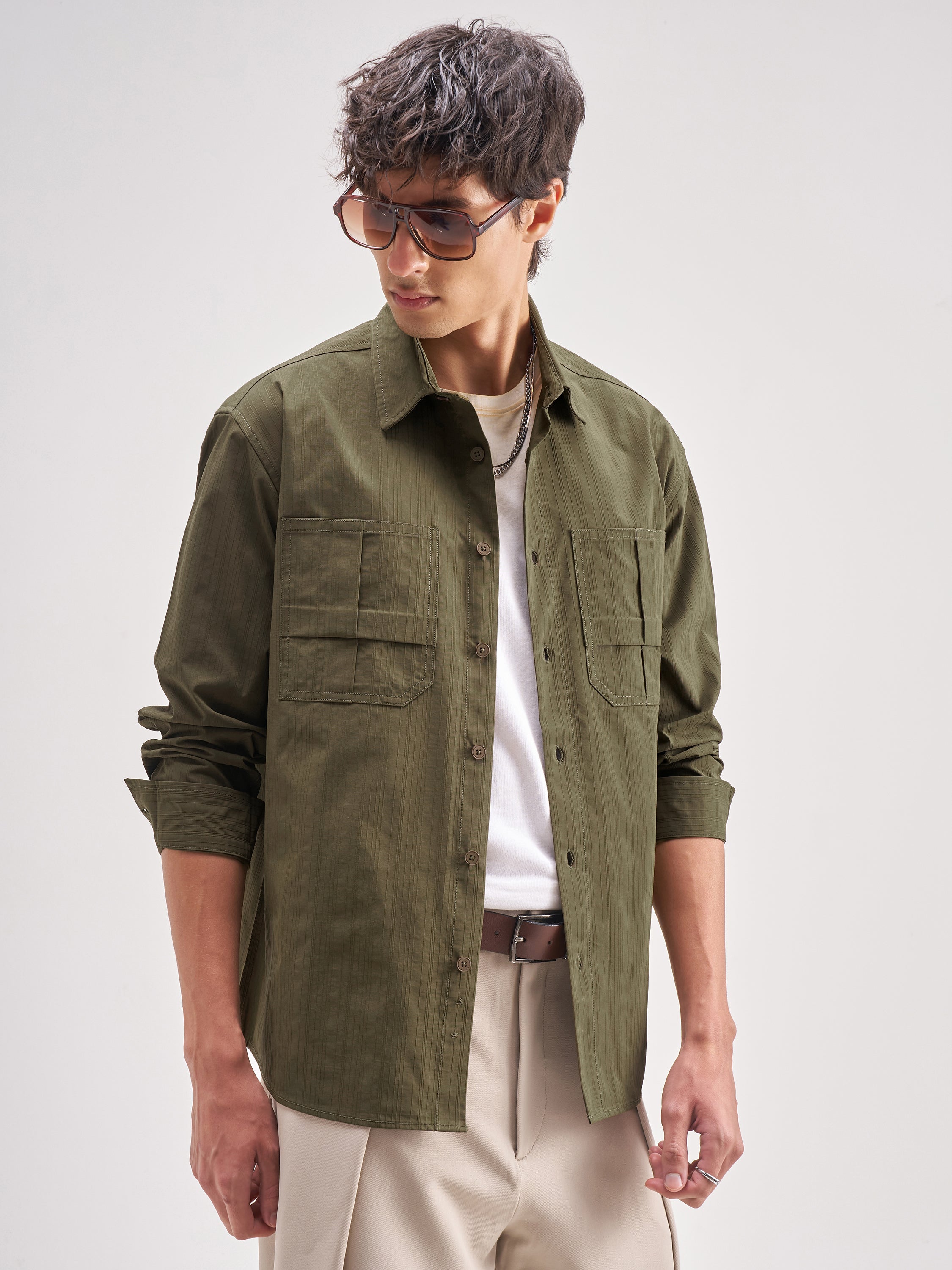Highlander Men Olive Self Design Relaxed Fit Casual Shirt - Olive - Image 6