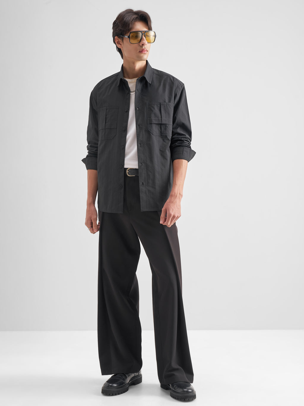 Highlander Men Charcoal Self Design Oversized Fit Casual Shirt - Charcoal - Image 2