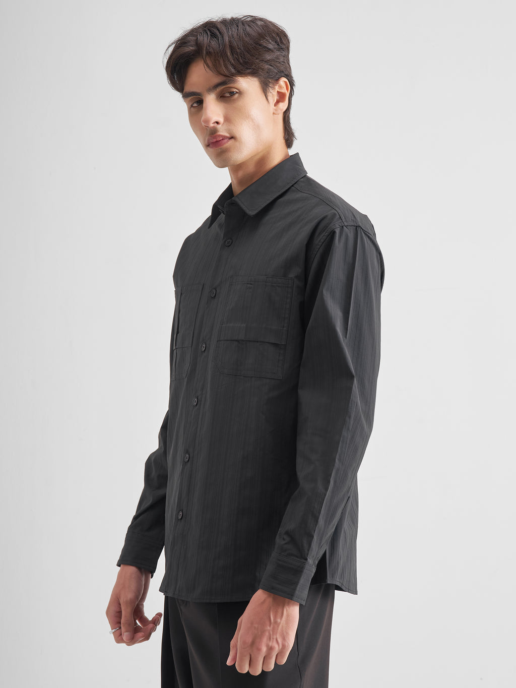 Highlander Men Charcoal Self Design Oversized Fit Casual Shirt - Charcoal - Image 4
