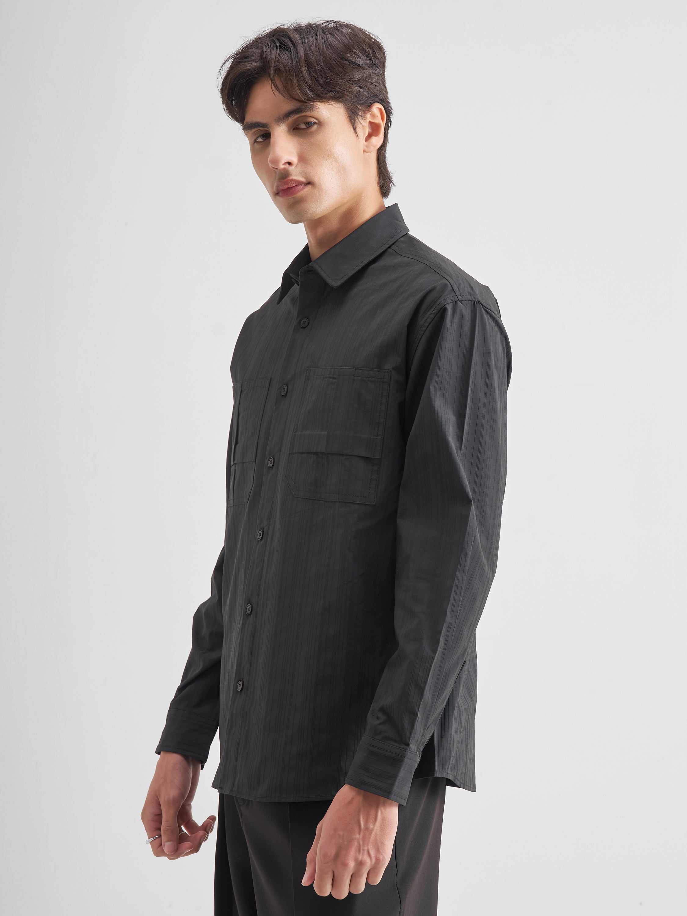 Highlander Men Charcoal Self Design Oversized Fit Casual Shirt - Charcoal - Image 4
