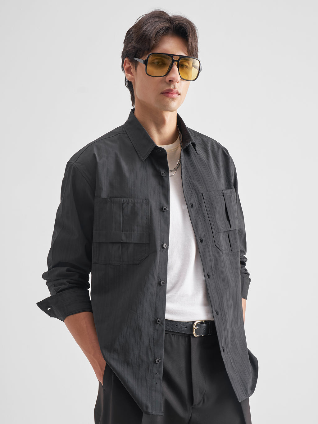 Highlander Men Charcoal Self Design Oversized Fit Casual Shirt - Charcoal - Image 6