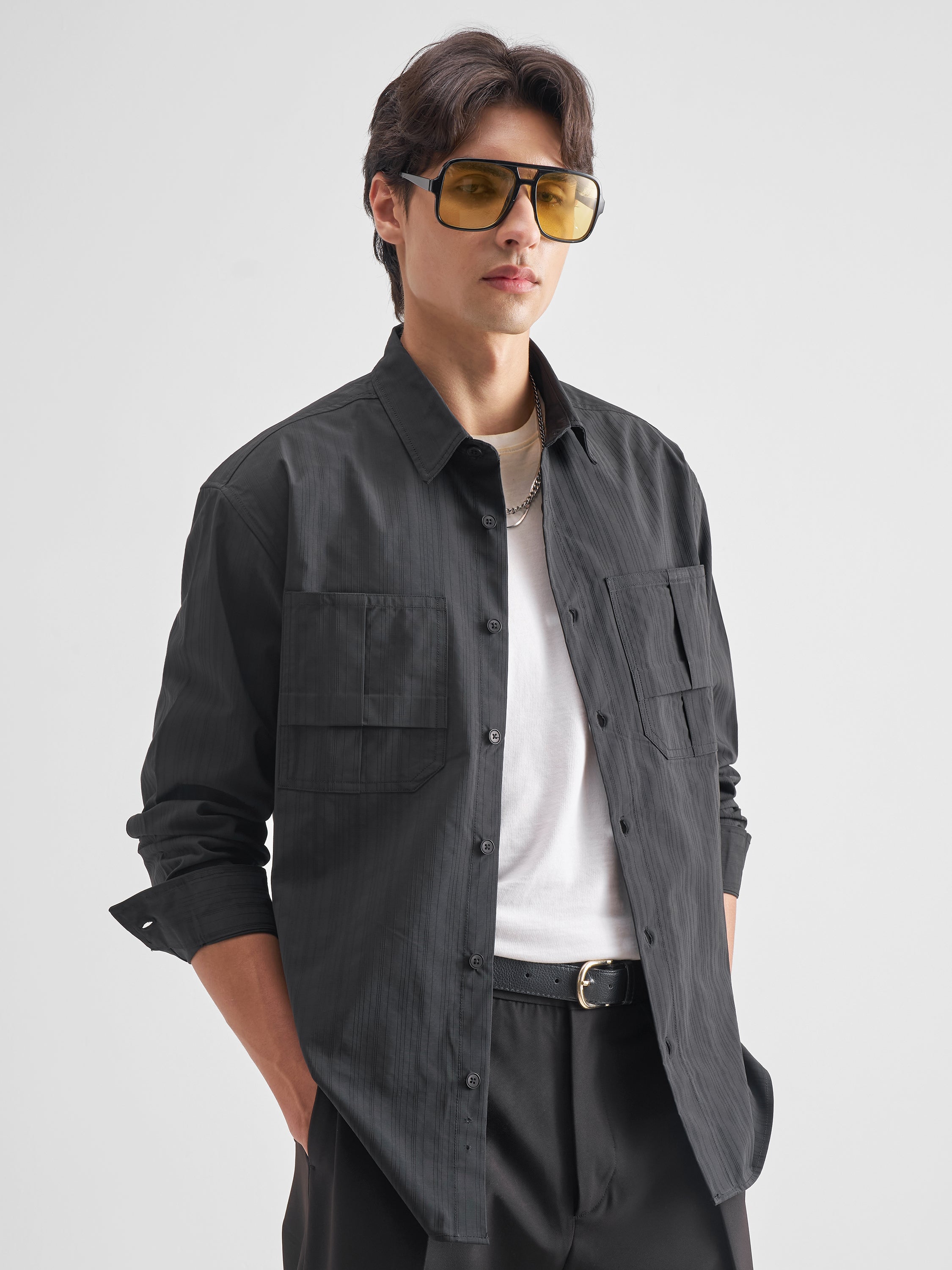 Highlander Men Charcoal Self Design Oversized Fit Casual Shirt - Charcoal - Image 6
