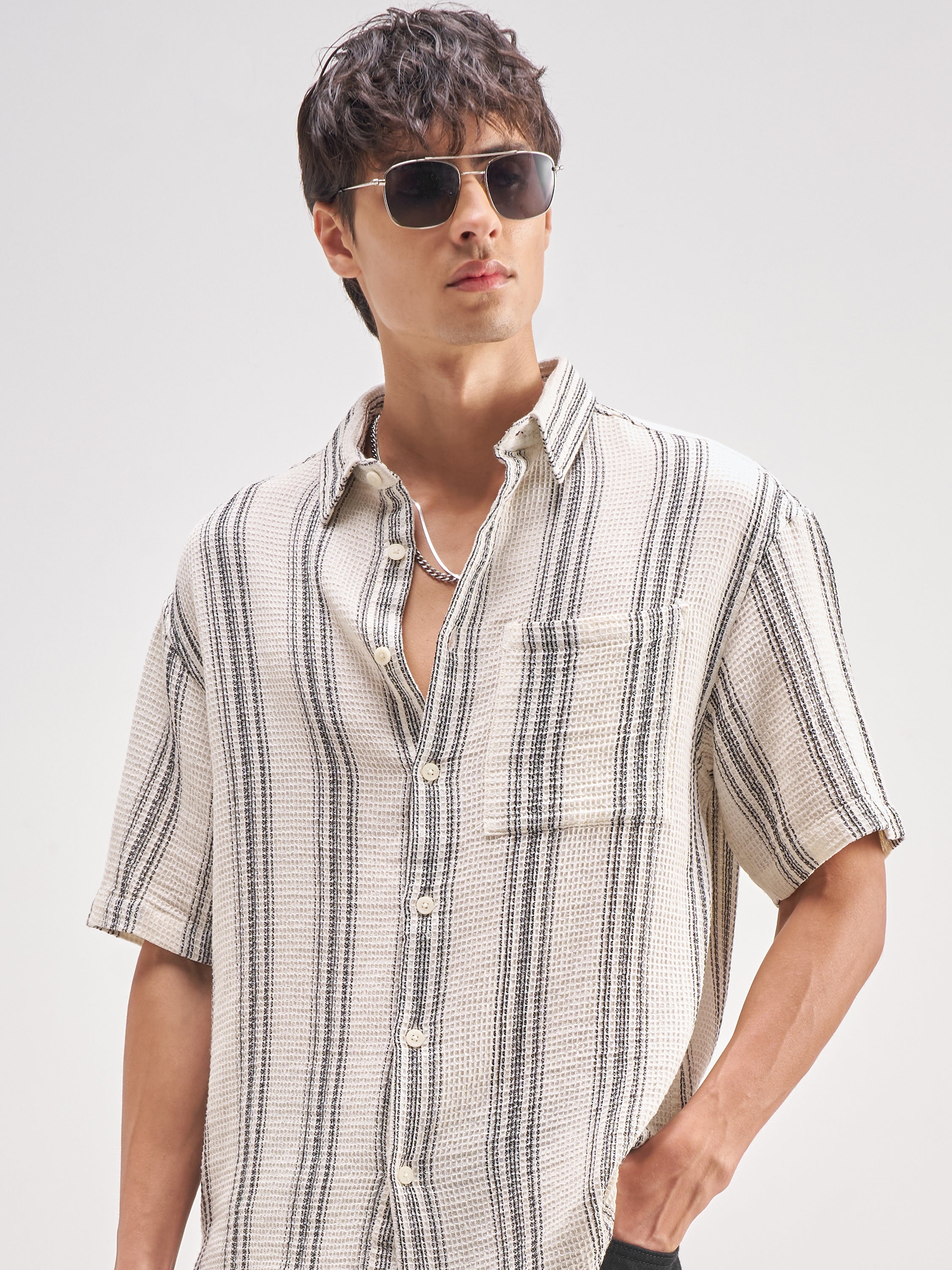 Highlander Men Off White Striped Oversized Fit Casual Shirt - Off White - Image 1