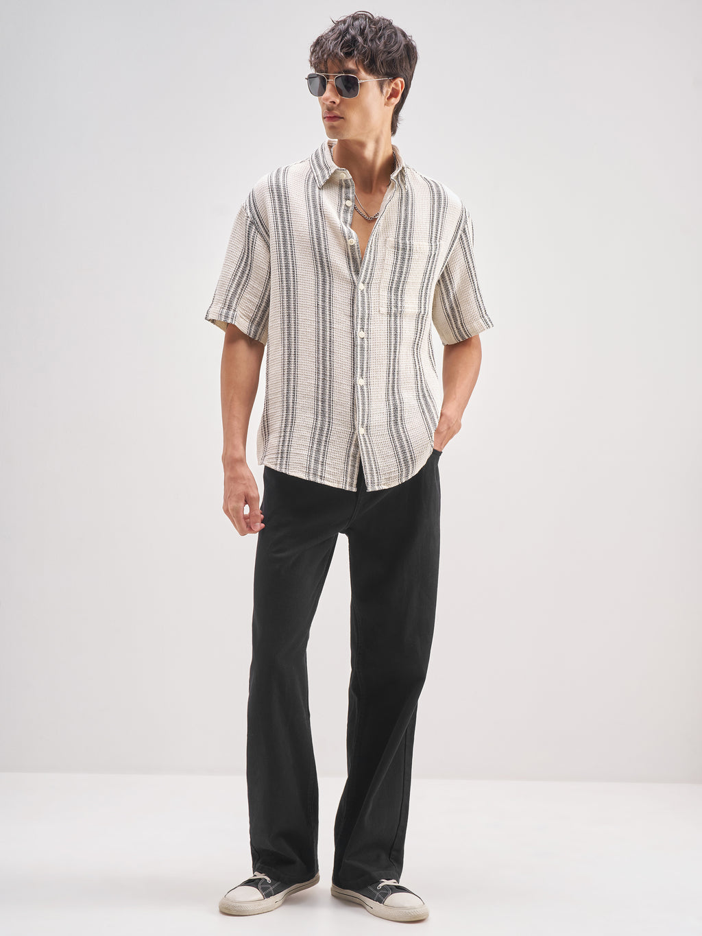Highlander Men Off White Striped Oversized Fit Casual Shirt - Off White - Image 2