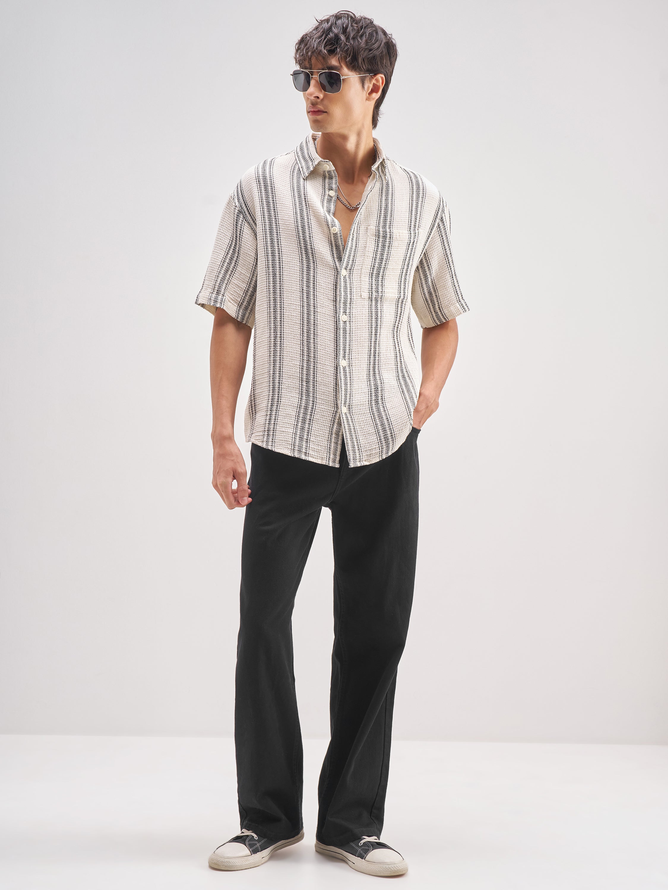 Highlander Men Off White Striped Oversized Fit Casual Shirt - Off White - Image 2