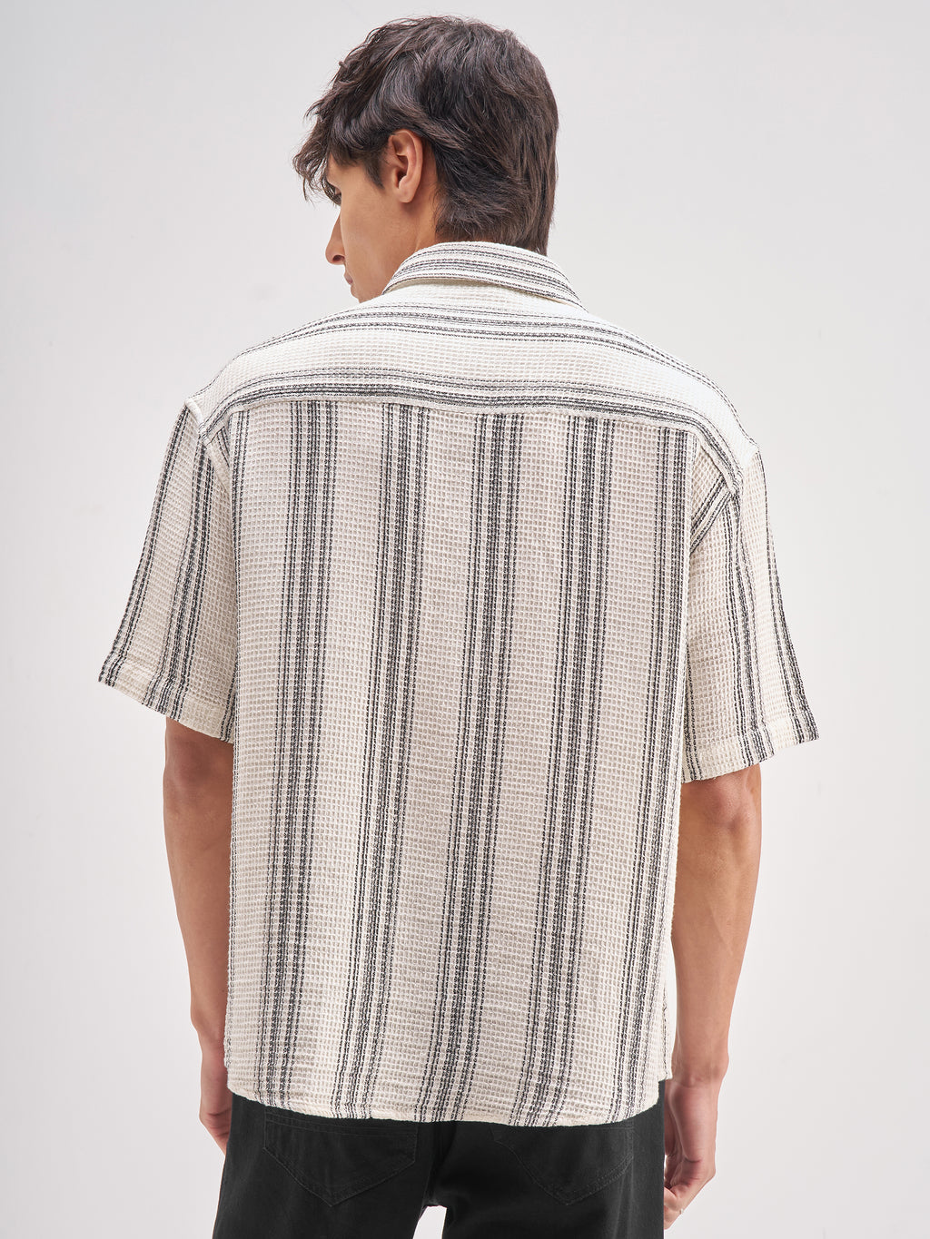 Highlander Men Off White Striped Oversized Fit Casual Shirt - Off White - Image 3