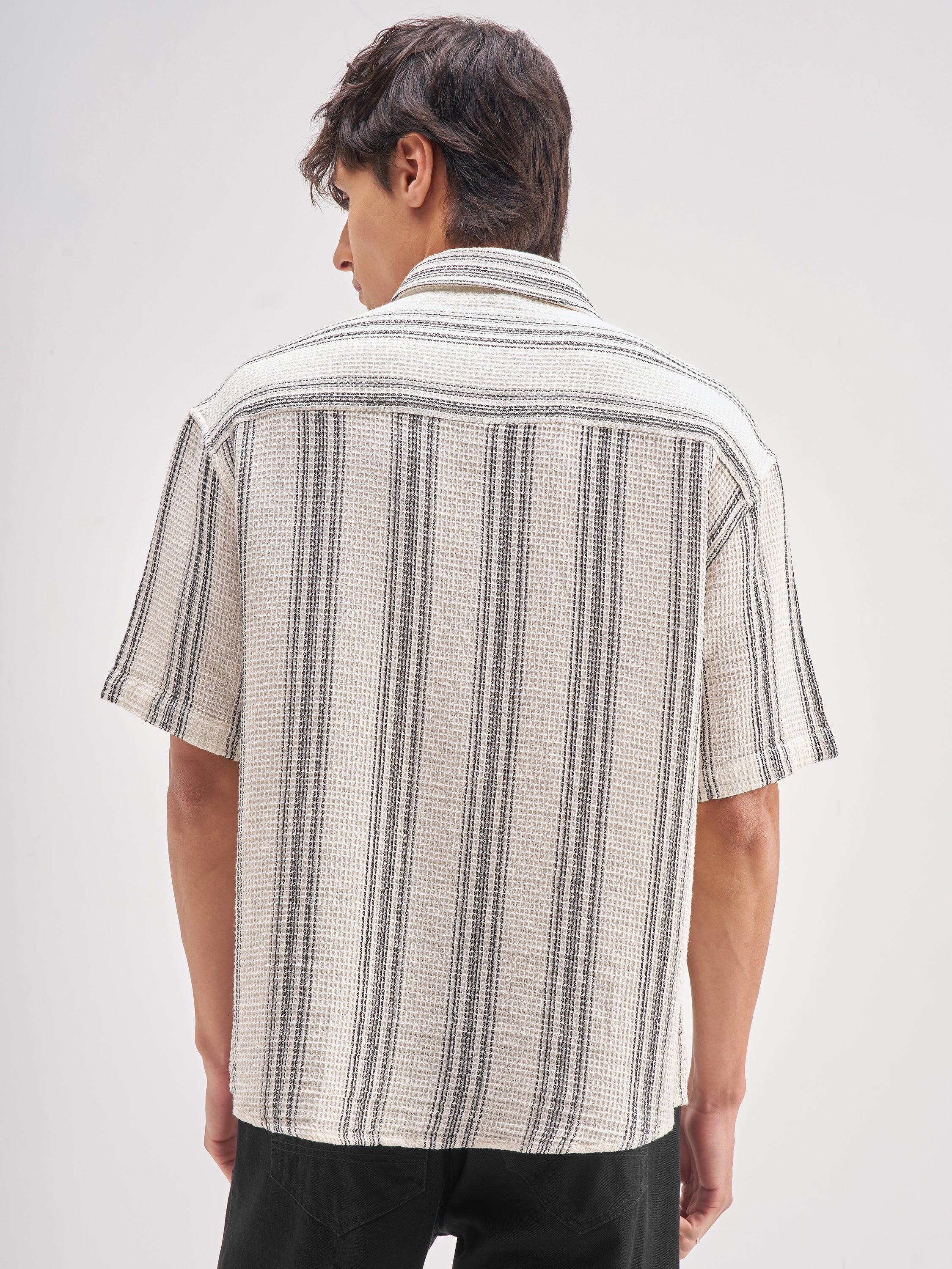 Highlander Men Off White Striped Oversized Fit Casual Shirt - Off White - Image 3