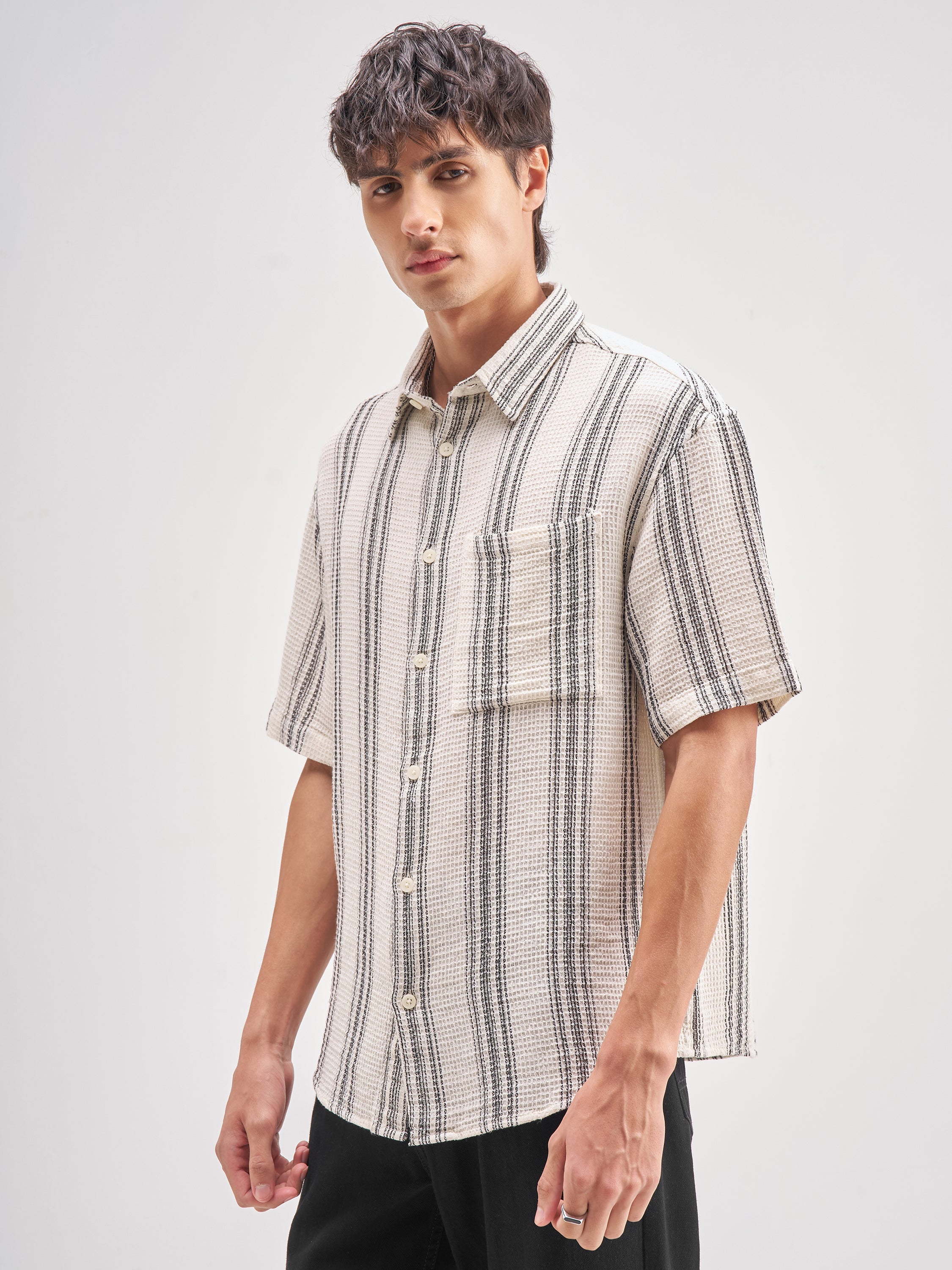 Highlander Men Off White Striped Oversized Fit Casual Shirt - Off White - Image 4
