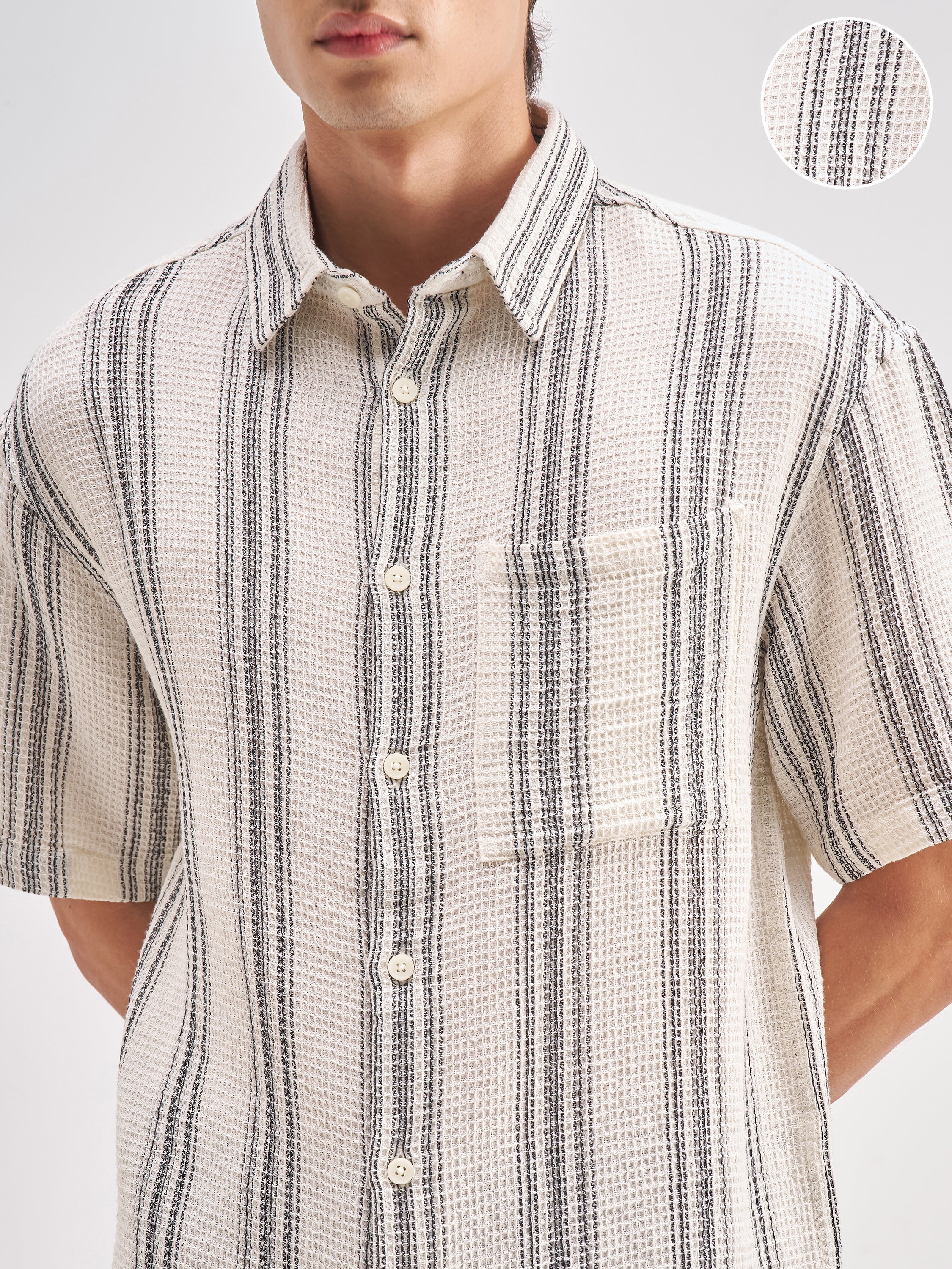 Highlander Men Off White Striped Oversized Fit Casual Shirt - Off White - Image 5