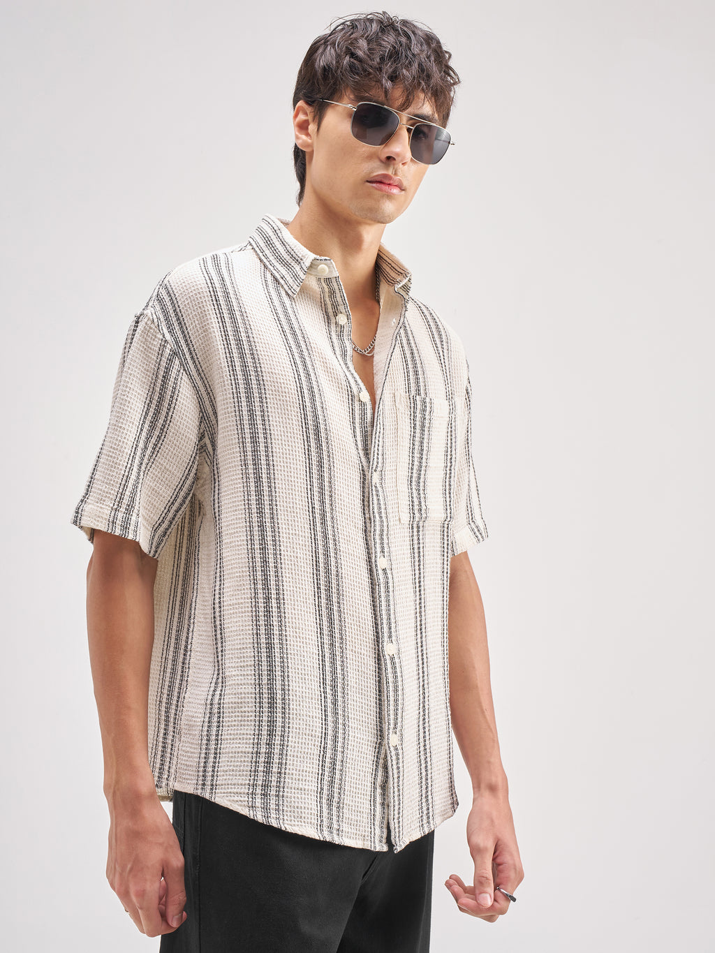 Highlander Men Off White Striped Oversized Fit Casual Shirt - Off White - Image 6
