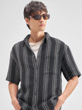 Highlander Men Black Striped Oversized Fit Casual Shirt - Black - Image 1