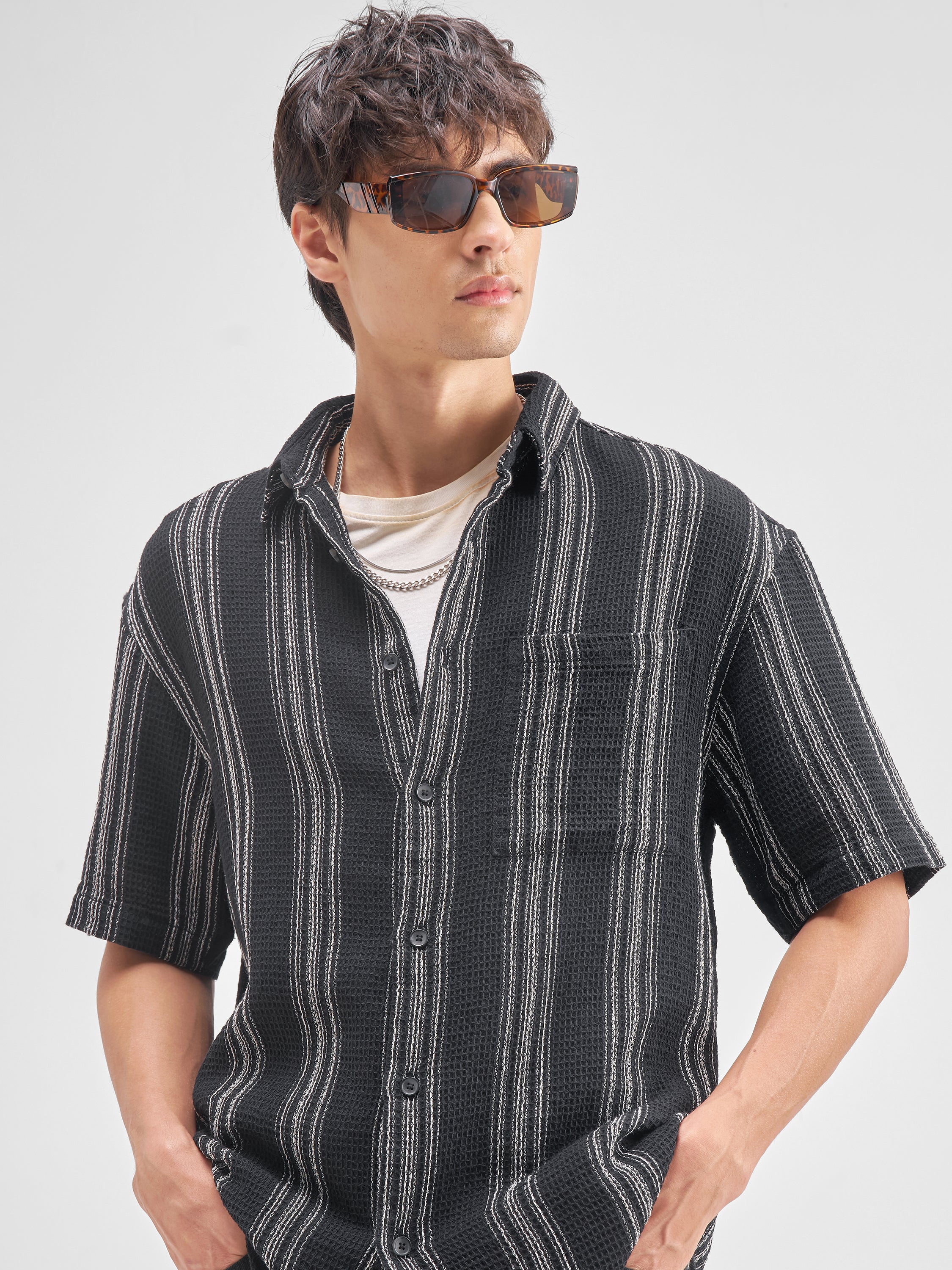 Highlander Men Black Striped Oversized Fit Casual Shirt - Black - Image 1