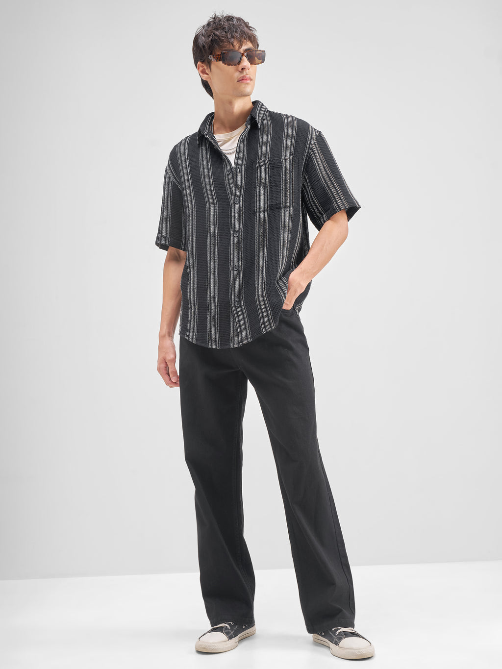 Highlander Men Black Striped Oversized Fit Casual Shirt - Black - Image 2