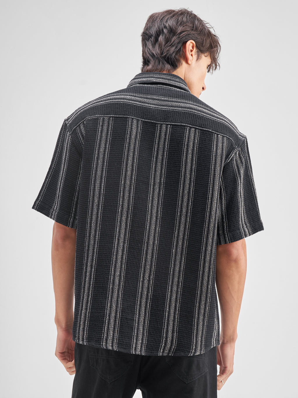 Highlander Men Black Striped Oversized Fit Casual Shirt - Black - Image 3