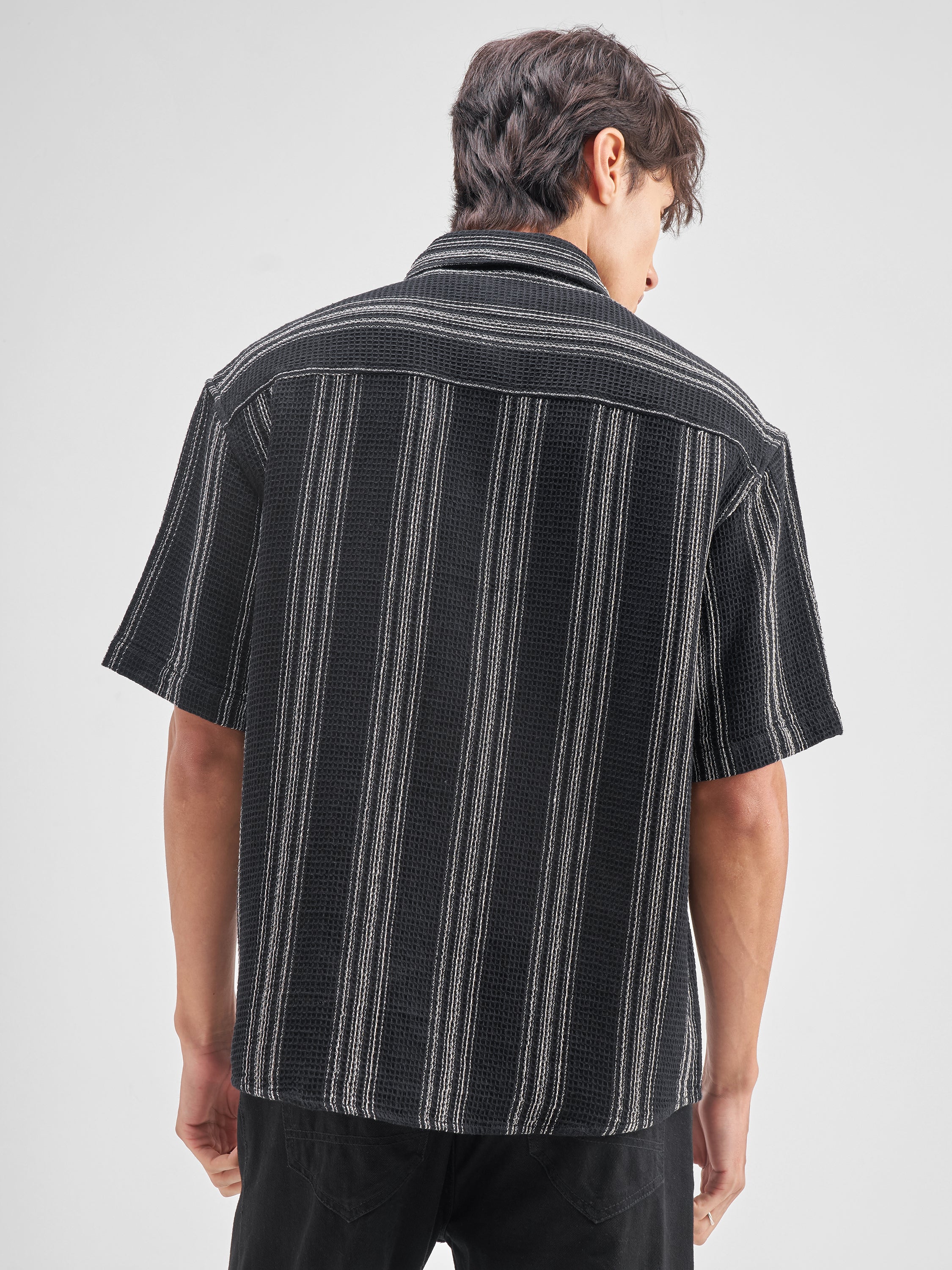 Highlander Men Black Striped Oversized Fit Casual Shirt - Black - Image 3