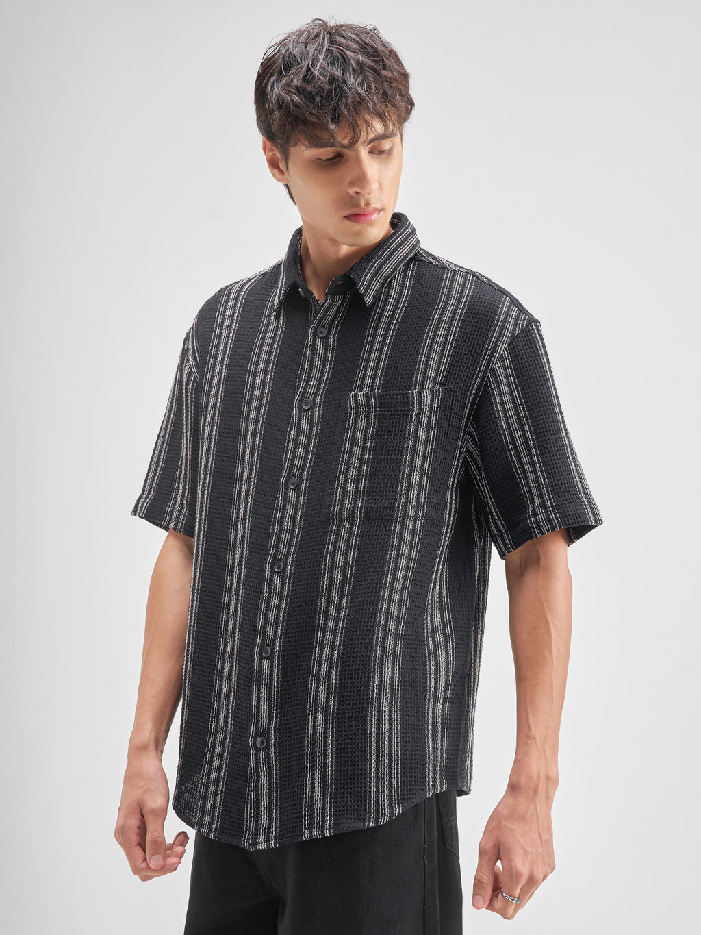 Highlander Men Black Striped Oversized Fit Casual Shirt - Black - Image 4