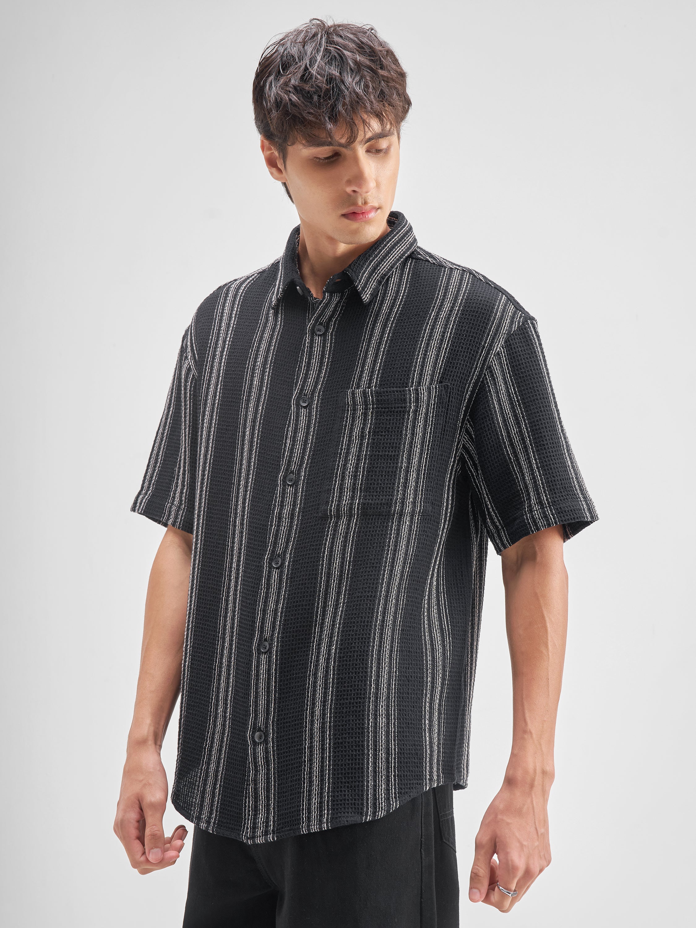 Highlander Men Black Striped Oversized Fit Casual Shirt - Black - Image 4