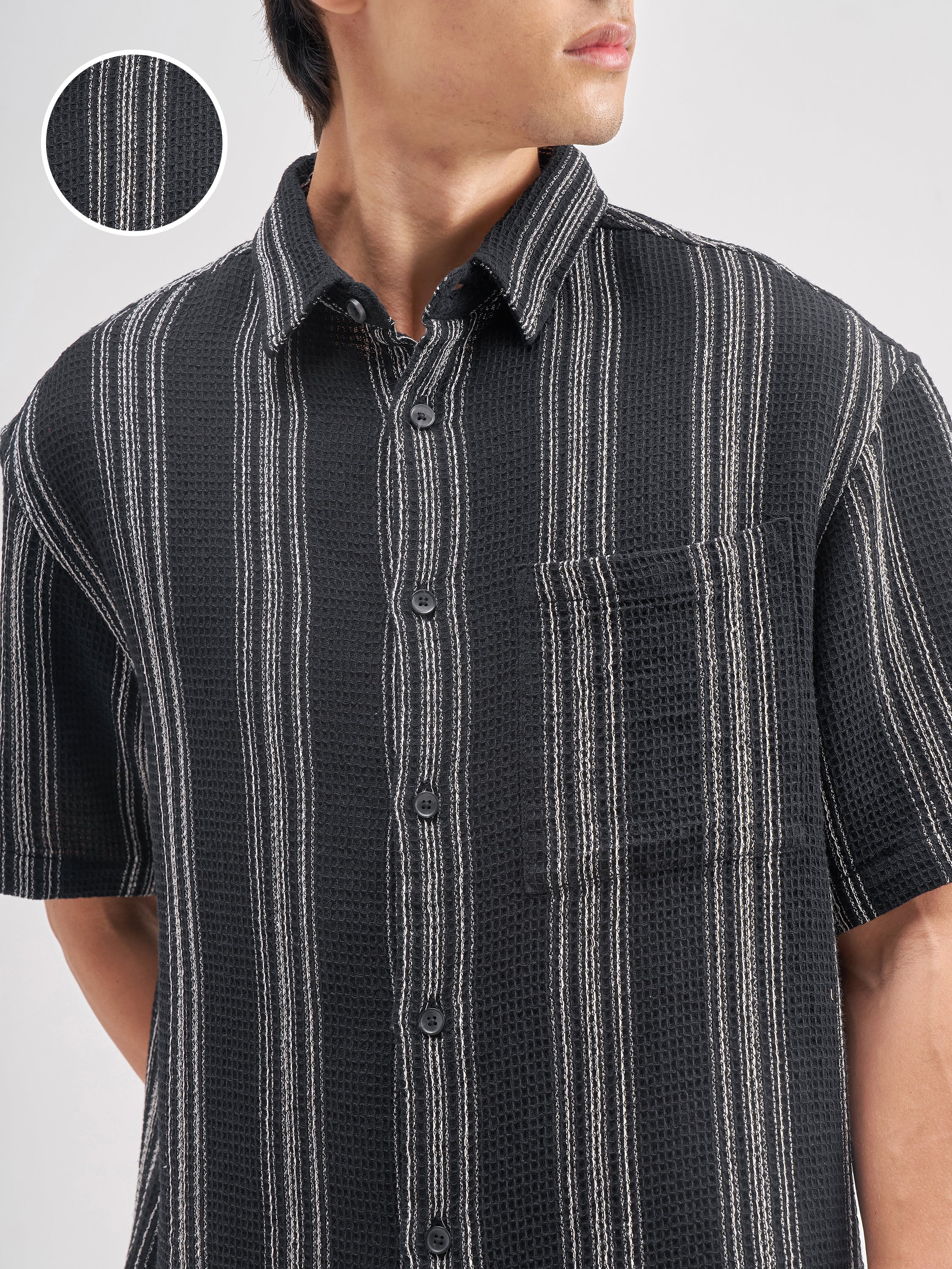 Highlander Men Black Striped Oversized Fit Casual Shirt - Black - Image 5