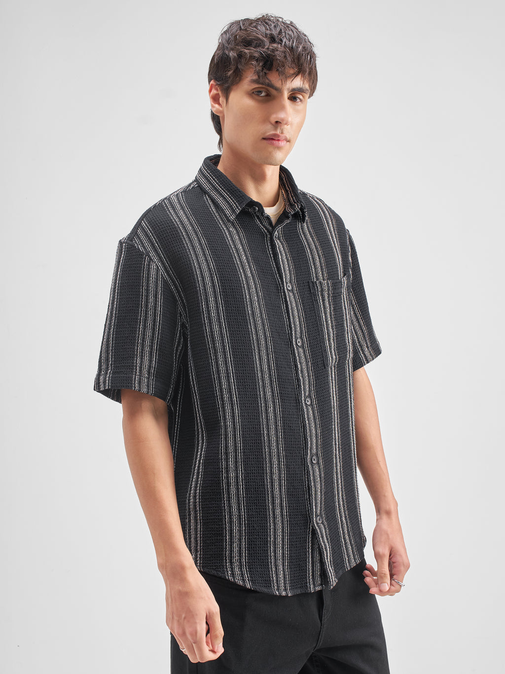 Highlander Men Black Striped Oversized Fit Casual Shirt - Black - Image 6