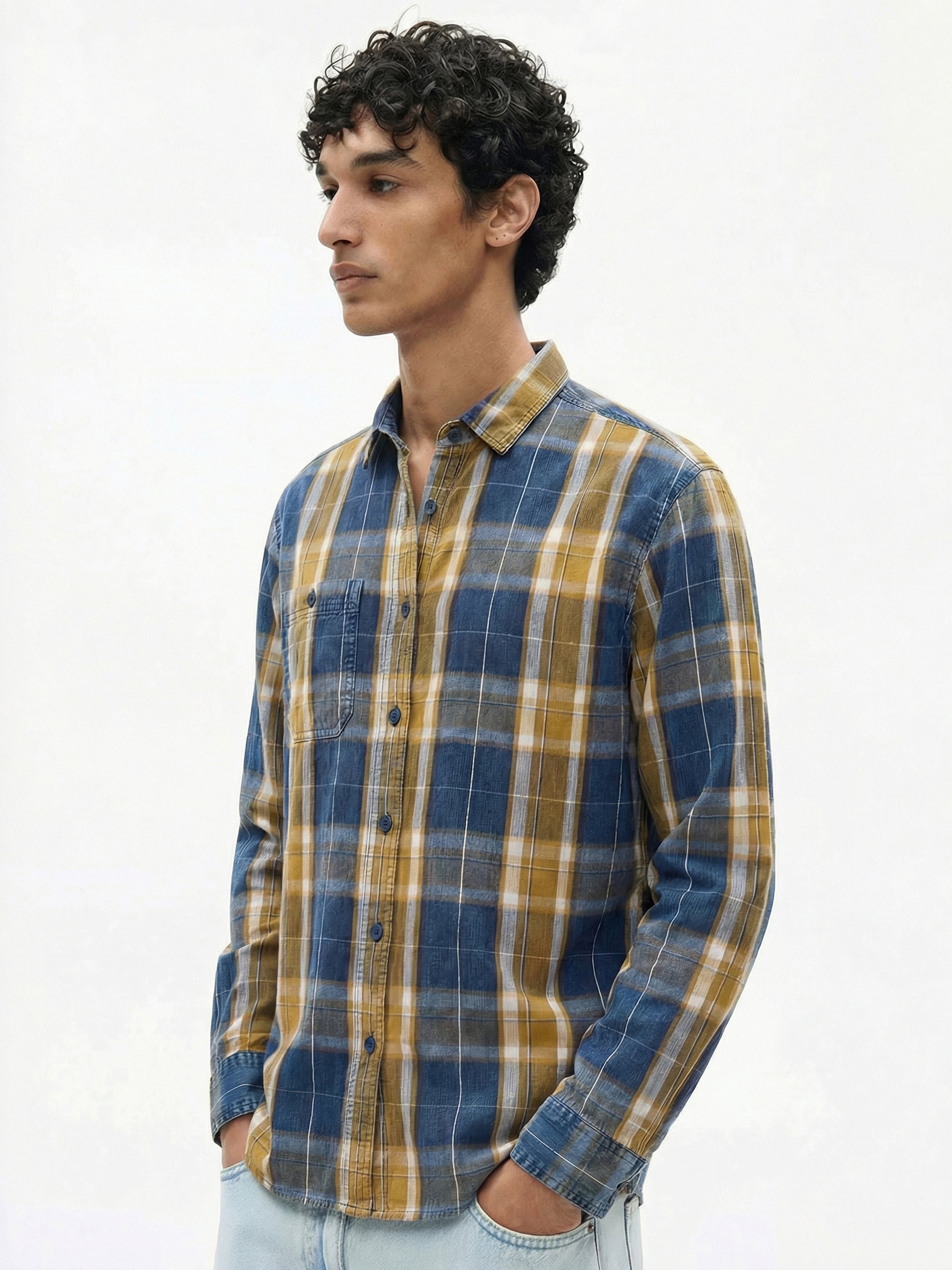 Highlander Men Mustard Checked Relaxed Fit Casual Shirt - Mustard - Image 4