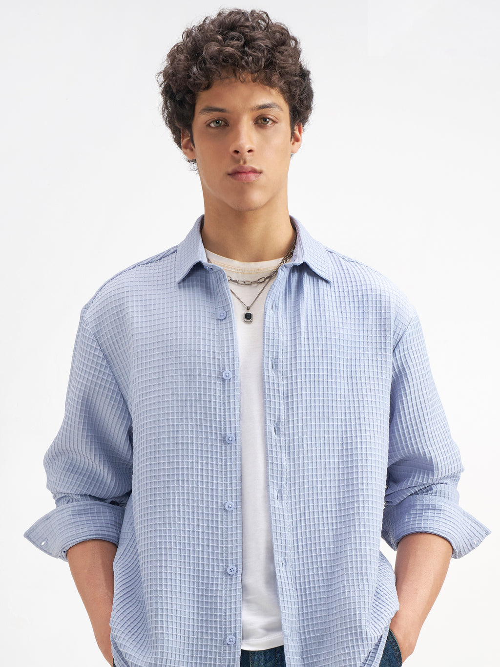 Highlander Men Blue Self Design Oversized Fit Casual Shirt - Blue - Image 1