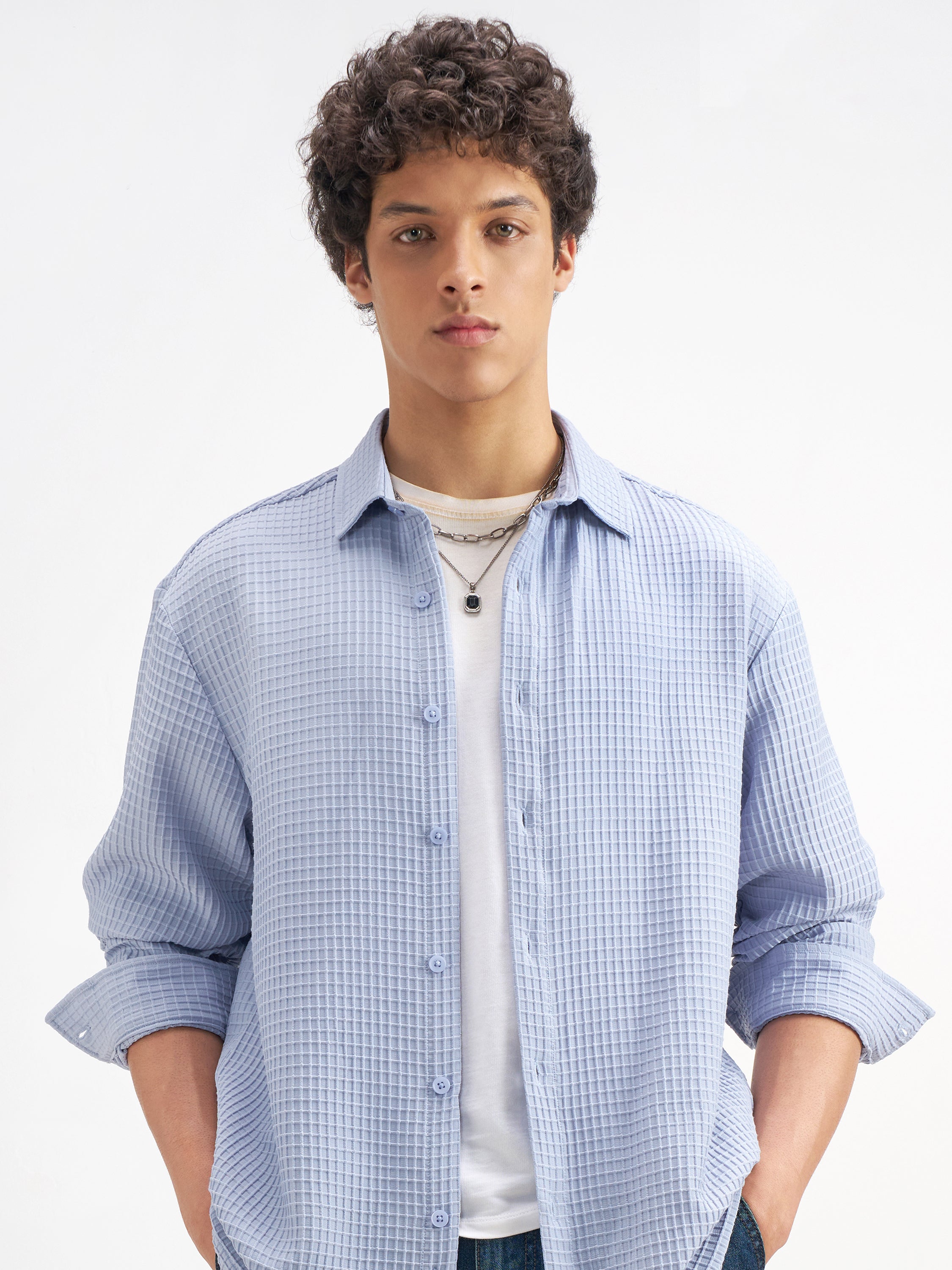 Highlander Men Blue Self Design Oversized Fit Casual Shirt - Blue - Image 1