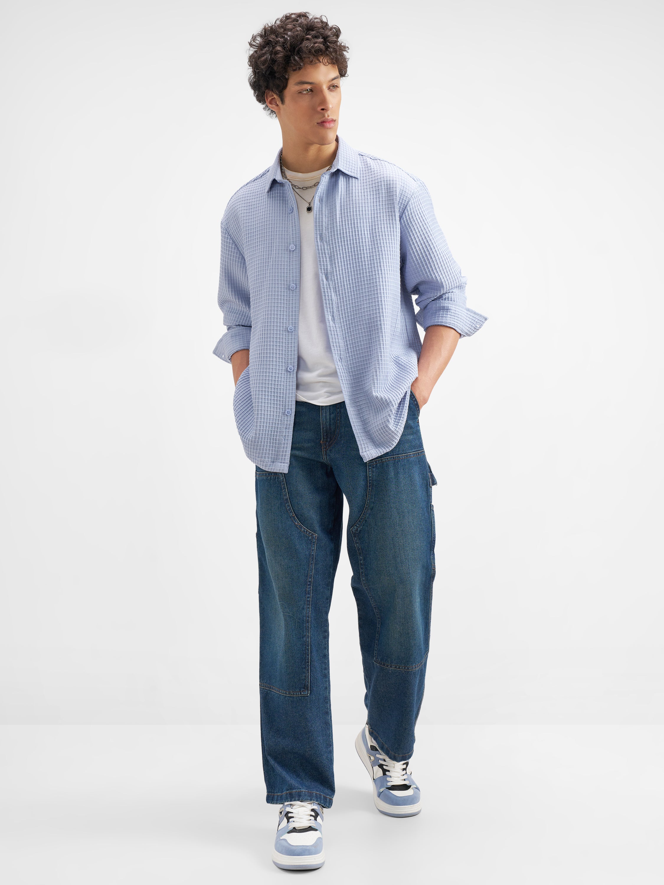 Highlander Men Blue Self Design Oversized Fit Casual Shirt - Blue - Image 2