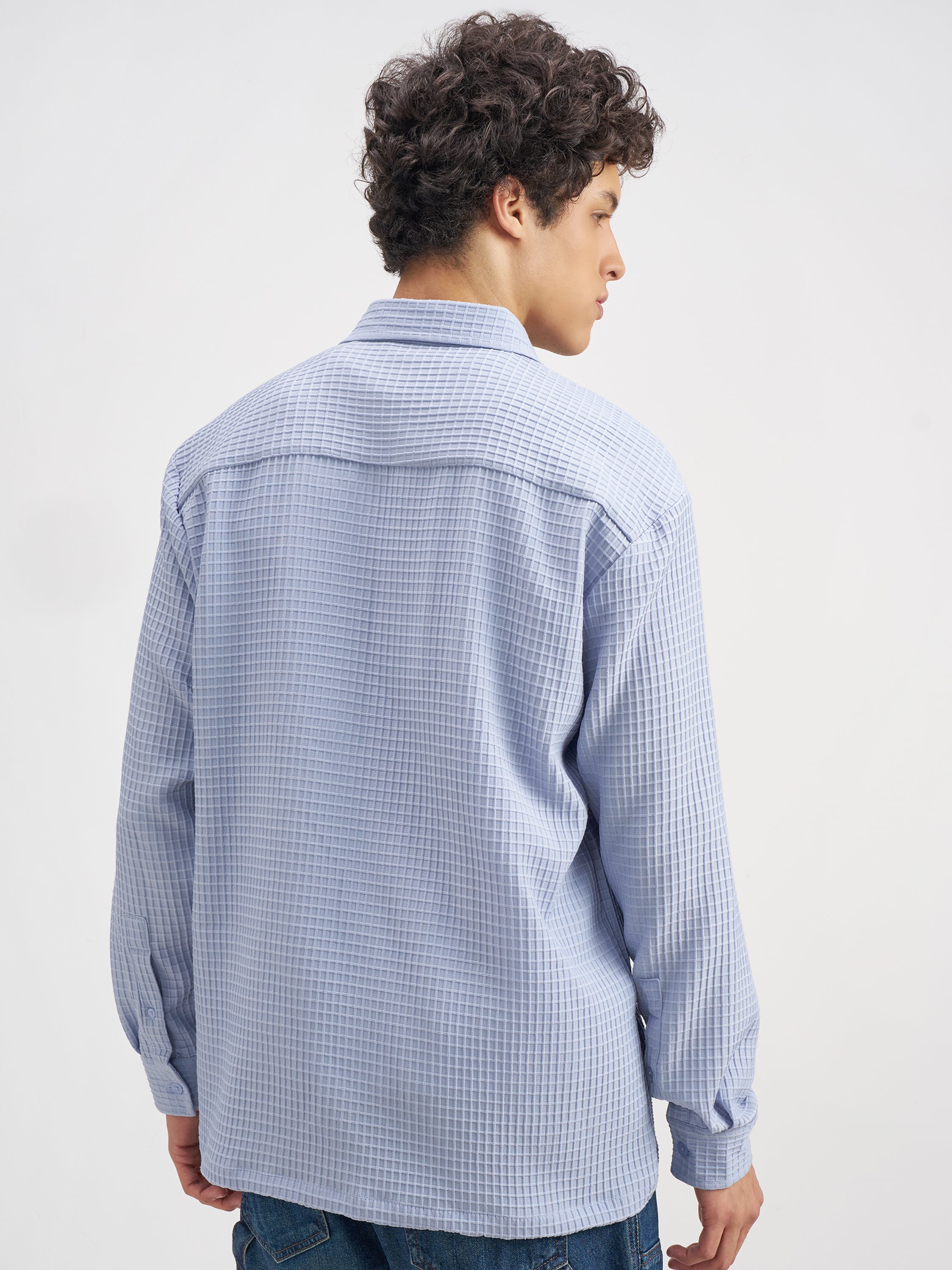 Highlander Men Blue Self Design Oversized Fit Casual Shirt - Blue - Image 3