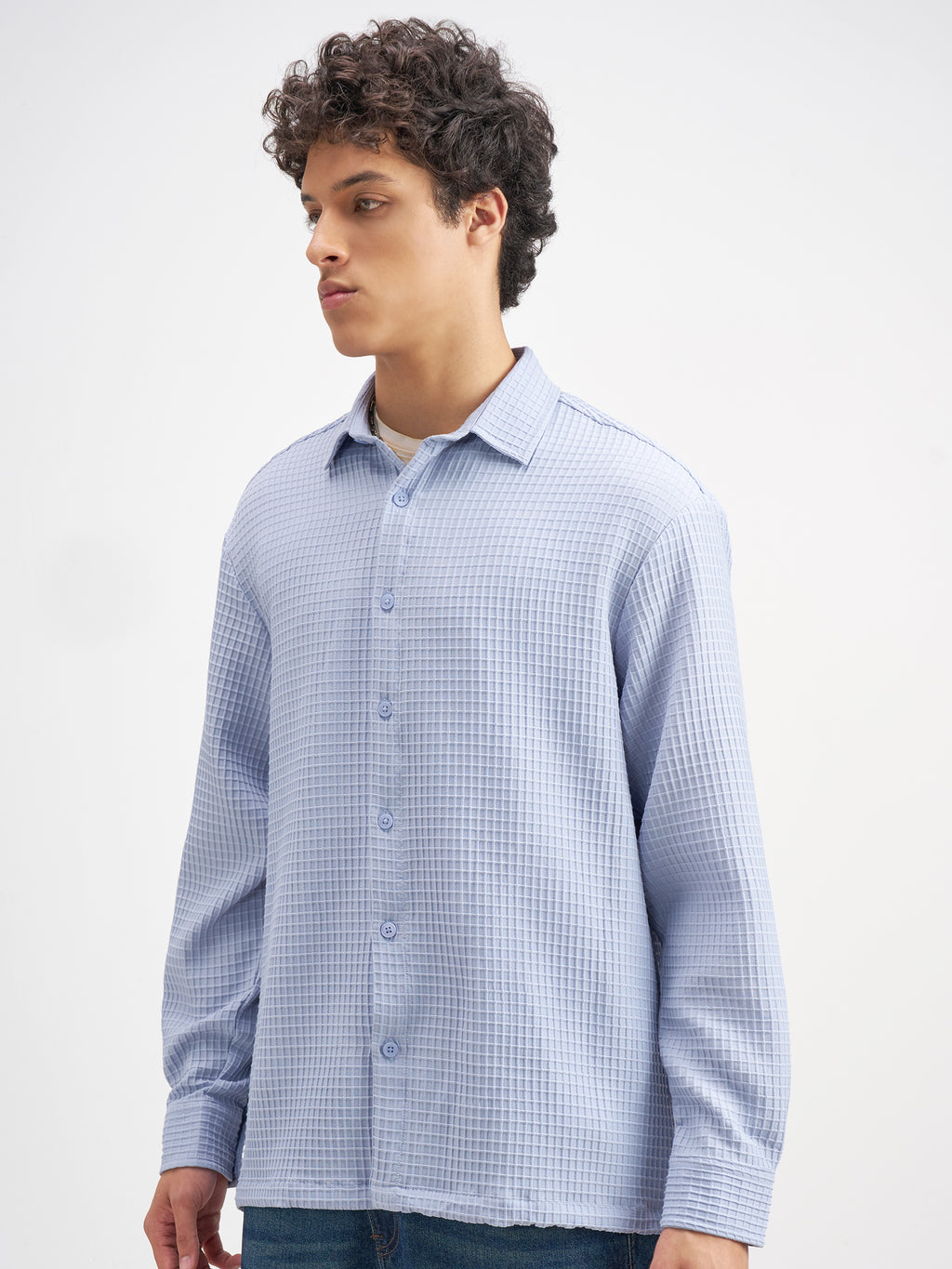 Highlander Men Blue Self Design Oversized Fit Casual Shirt - Blue - Image 4