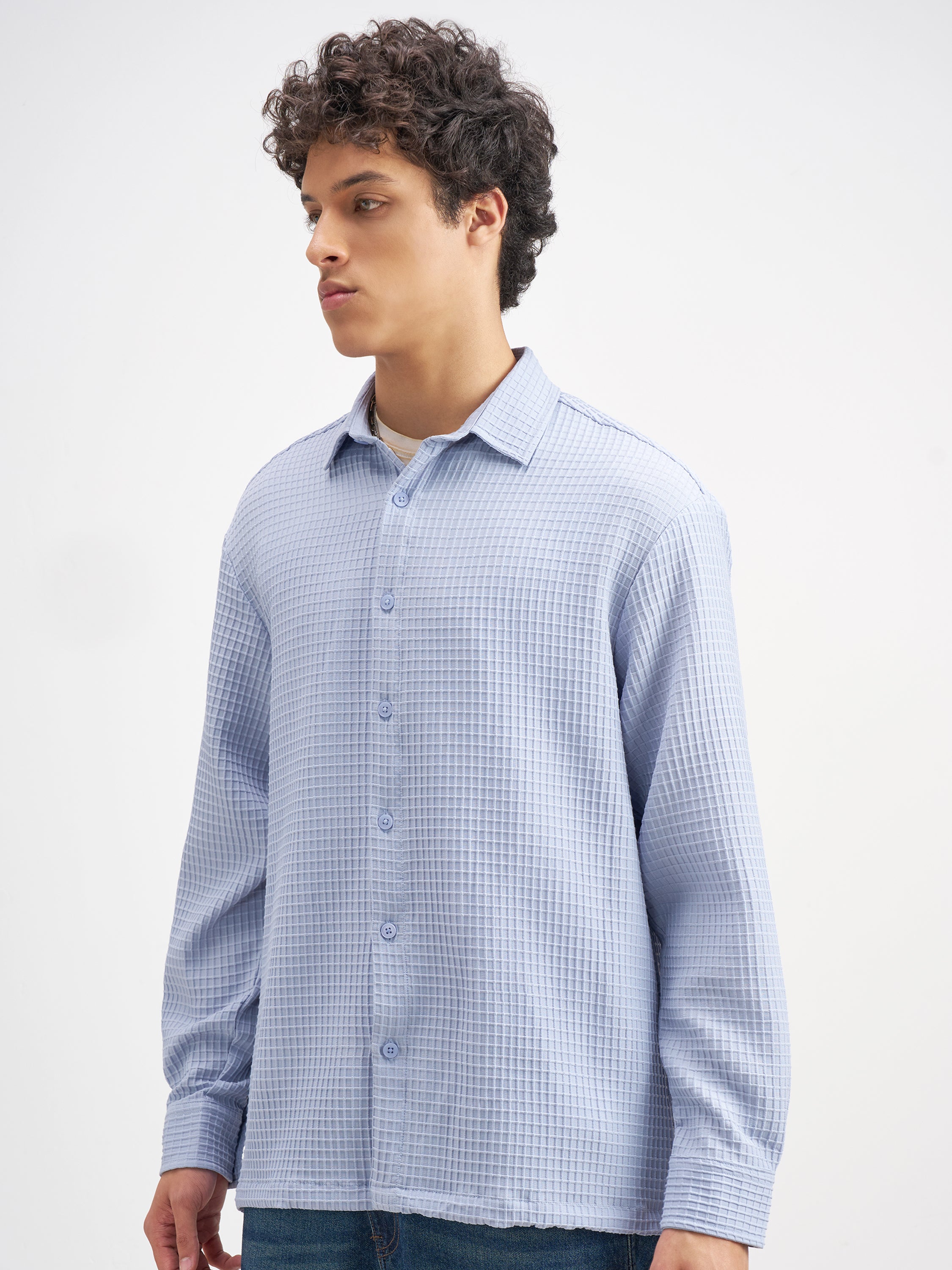 Highlander Men Blue Self Design Oversized Fit Casual Shirt - Blue - Image 4