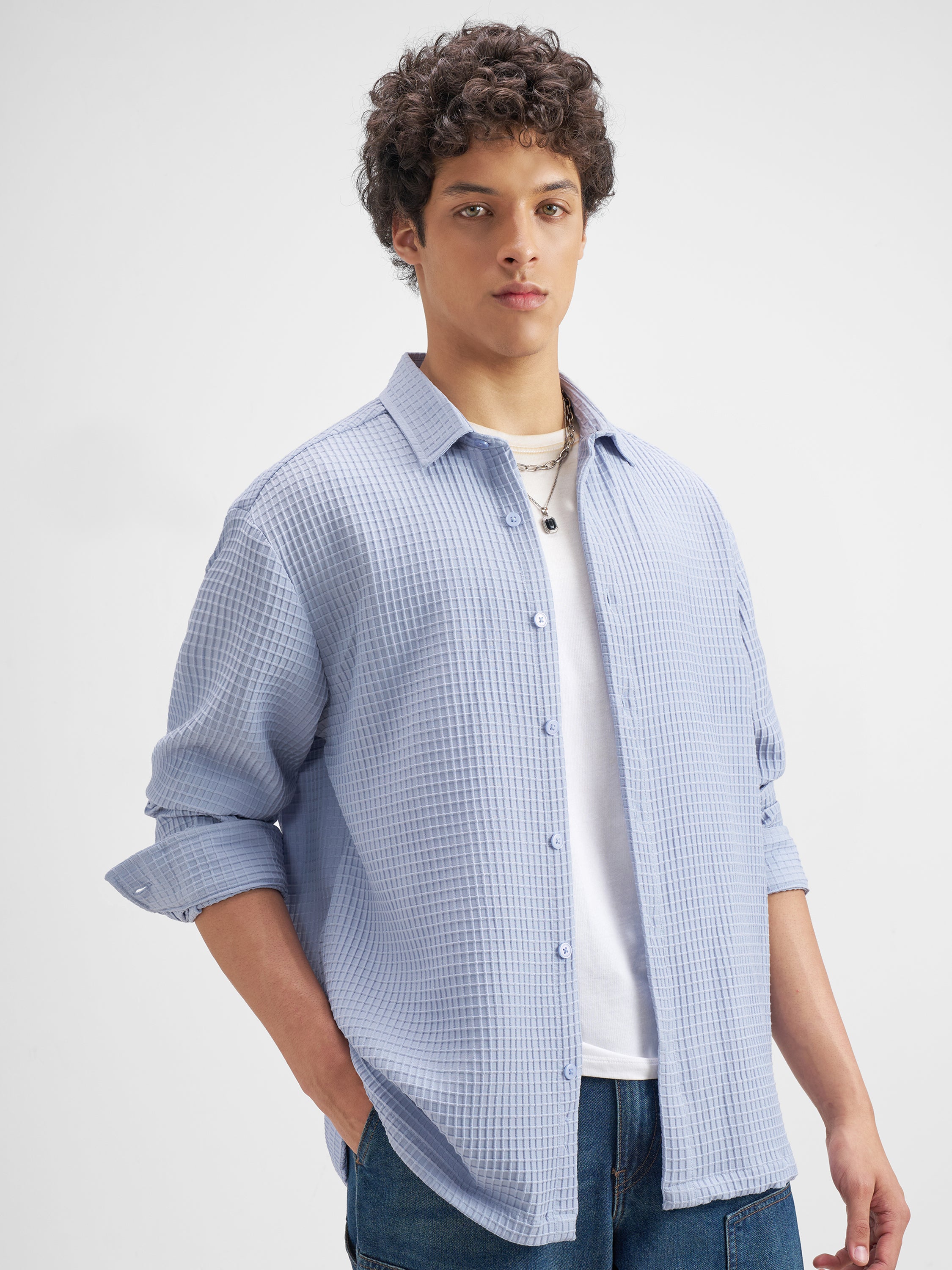 Highlander Men Blue Self Design Oversized Fit Casual Shirt - Blue - Image 6