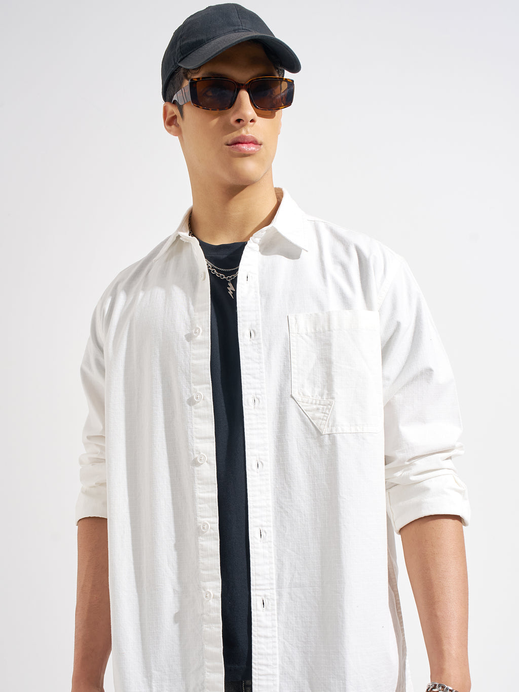 Highlander Men White Self Design Relaxed Fit Casual Shirt