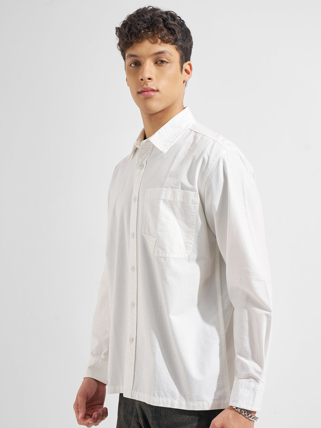 Highlander Men White Self Design Relaxed Fit Casual Shirt
