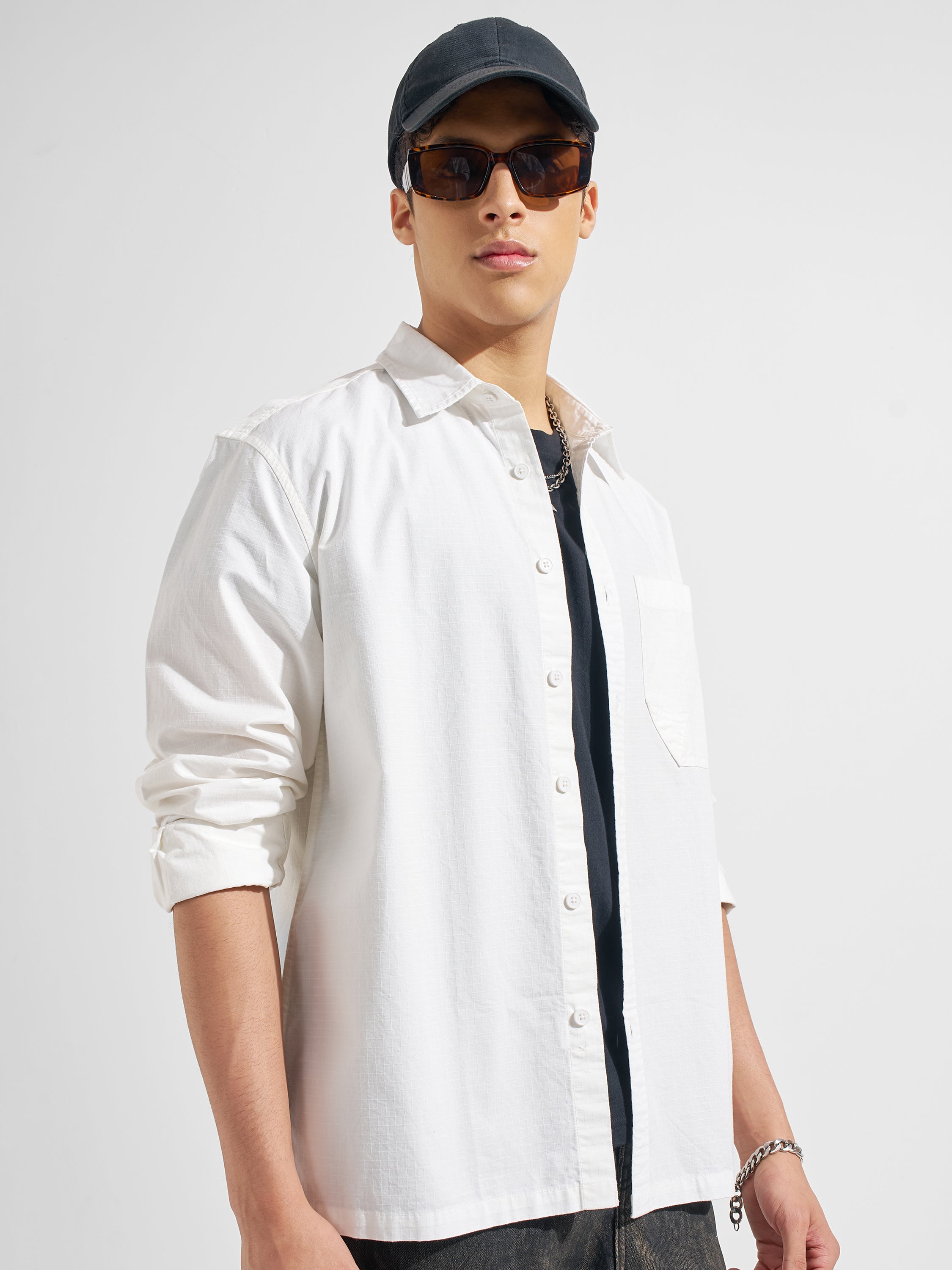 Highlander Men White Self Design Relaxed Fit Casual Shirt