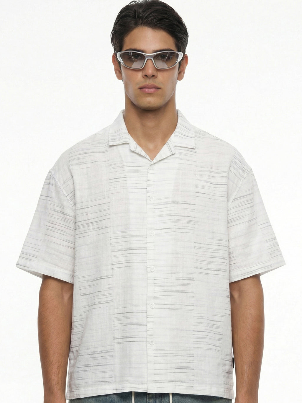 Highlander Men Cream Self Design Oversized Fit Casual Shirt - Cream - Image 1