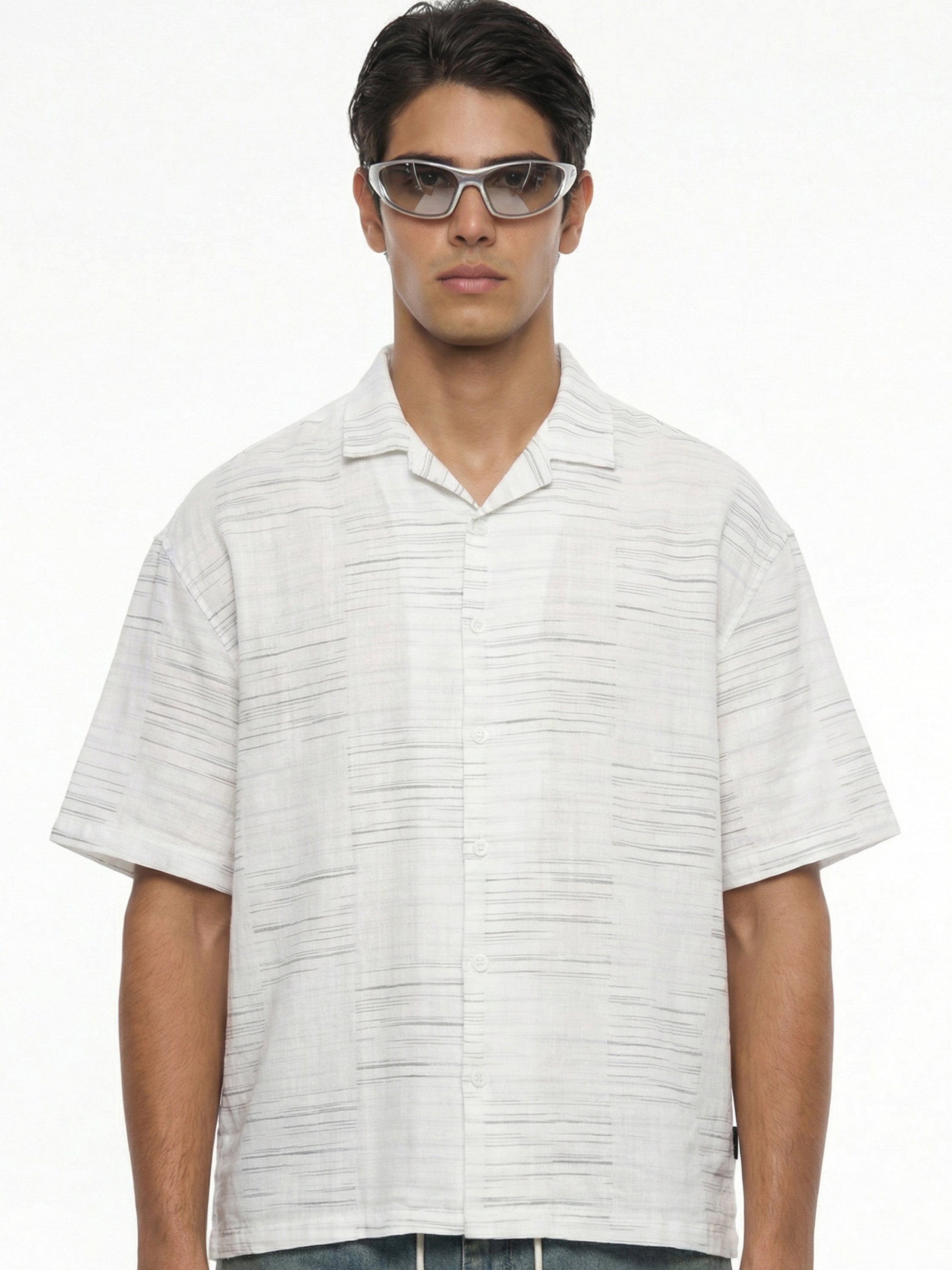 Highlander Men Cream Self Design Oversized Fit Casual Shirt - Cream - Image 1