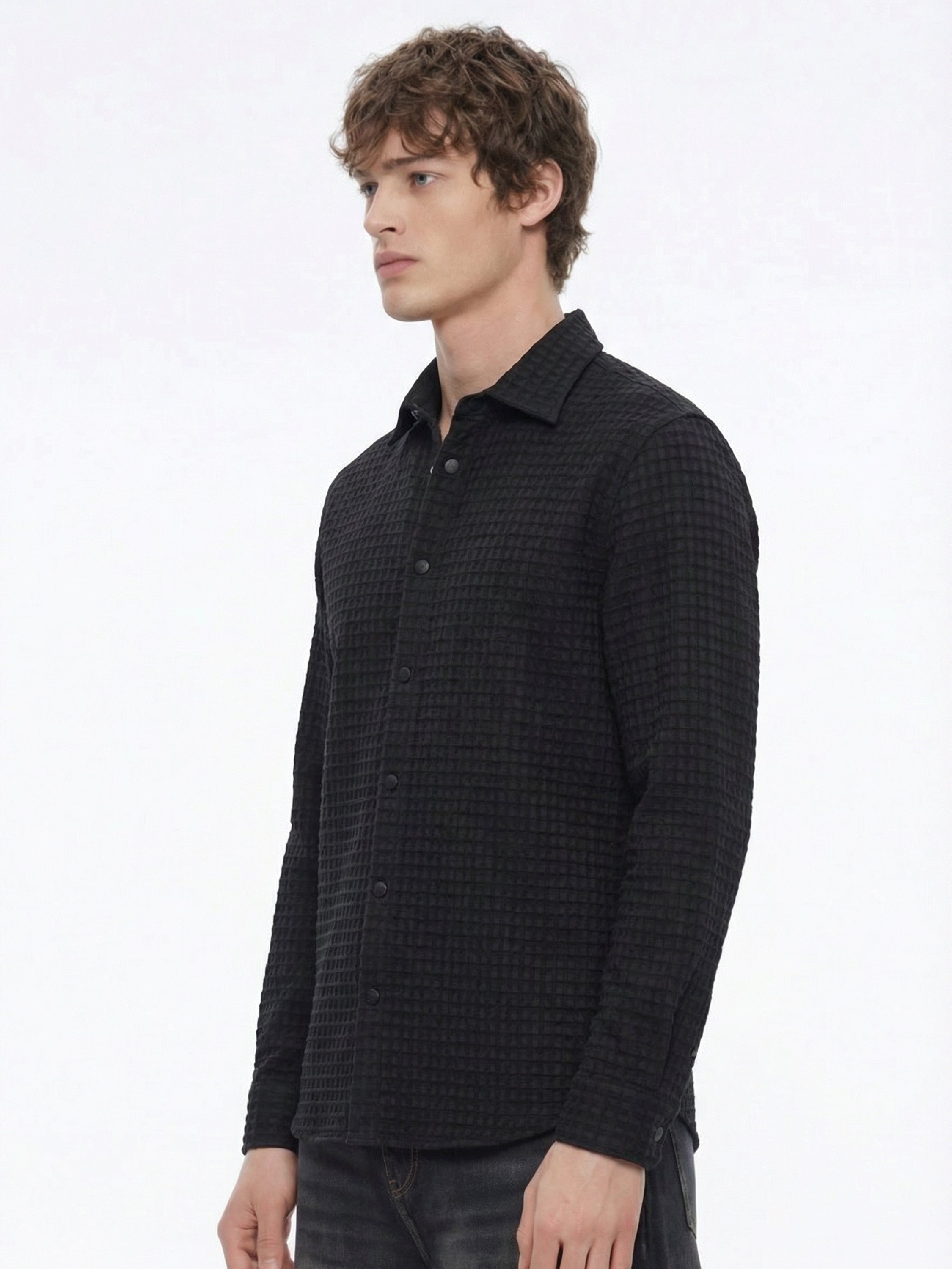 Highlander Men Black Self Design Relaxed Fit Casual Shirt - Black - Image 4