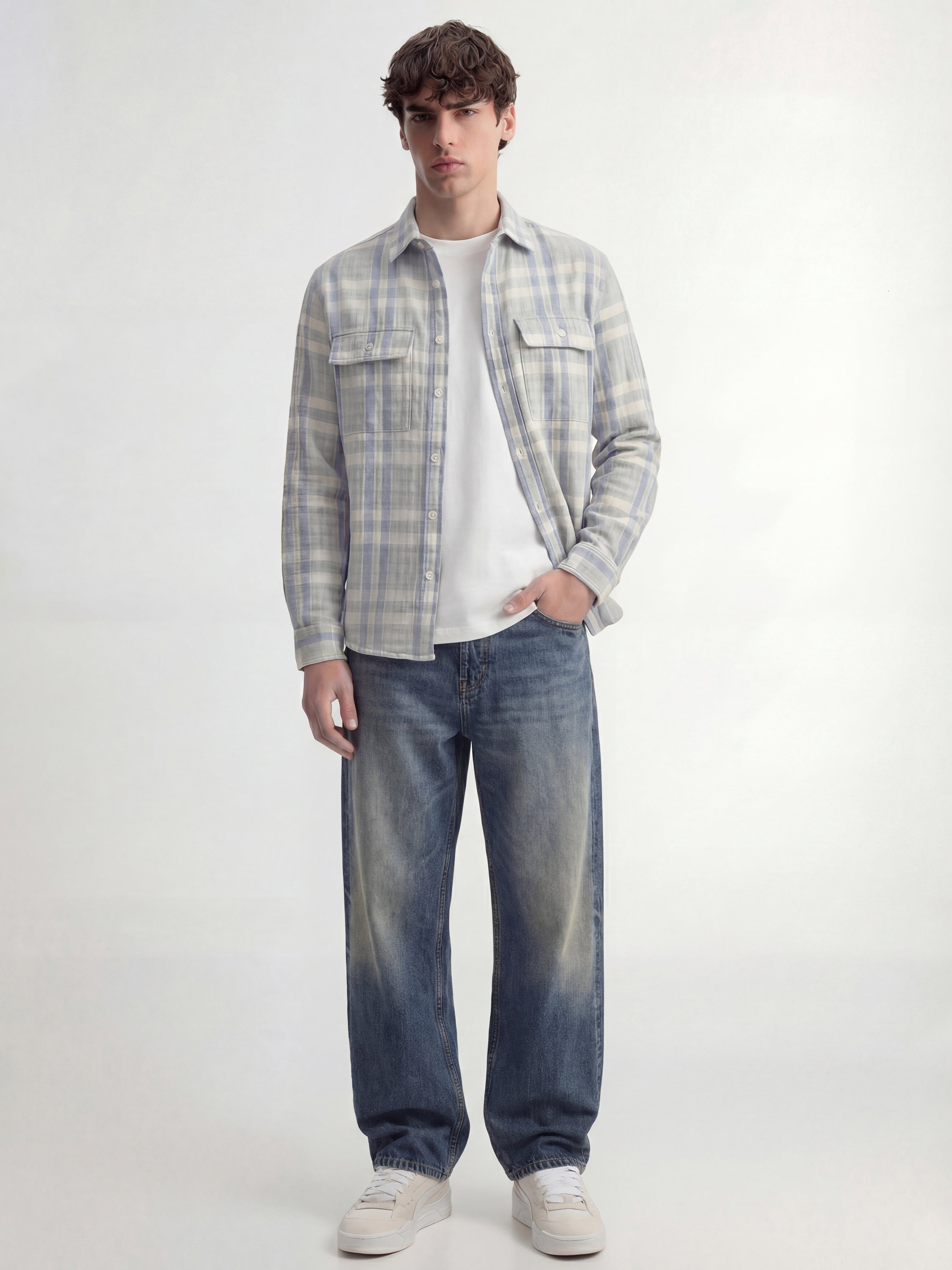 Highlander Men Grey Checked Oversized Fit Casual Shirt - Grey - Image 2