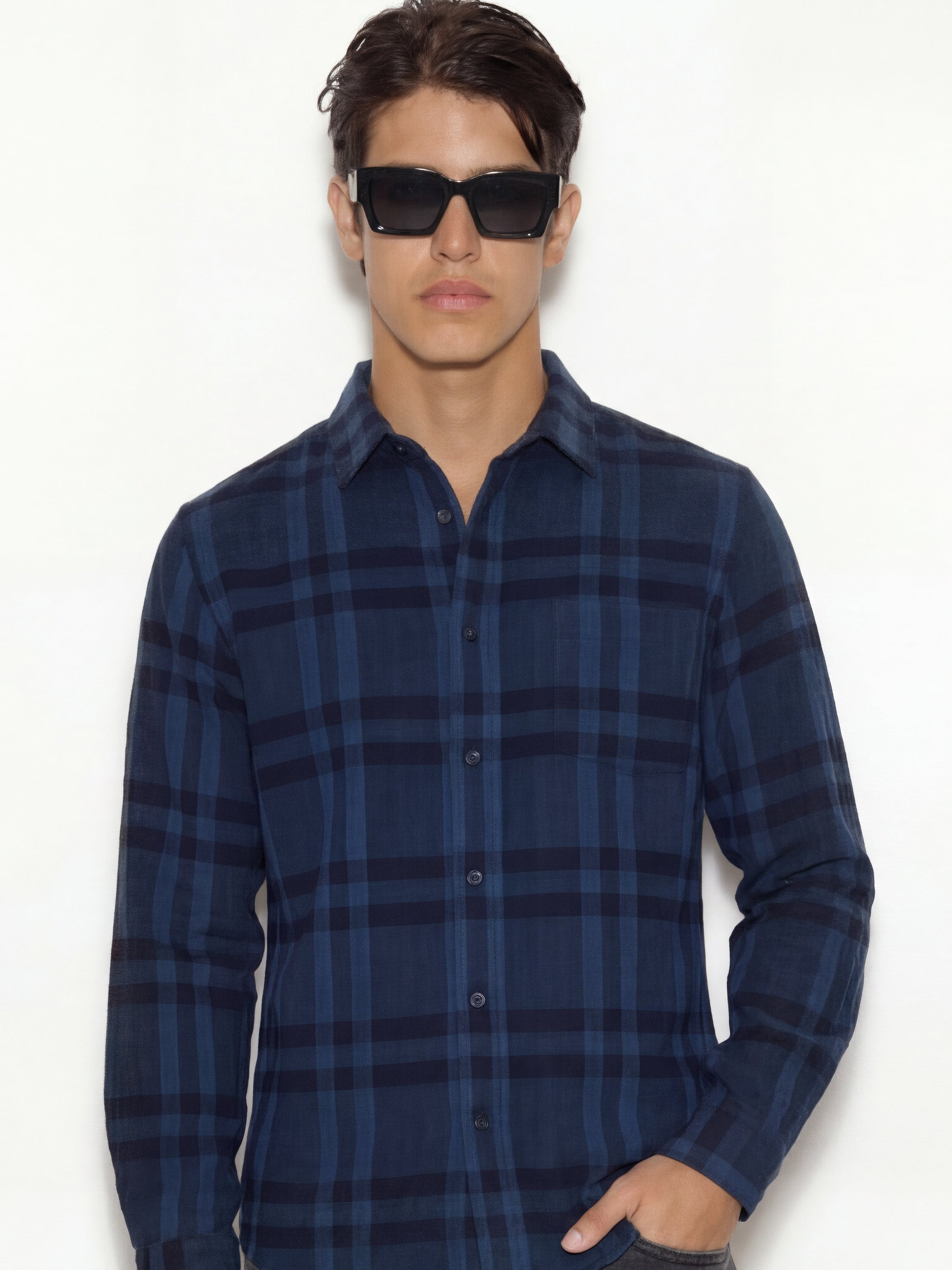 Highlander Men Navy Blue Checked Oversized Fit Casual Shirt - Navy Blue - Image 1