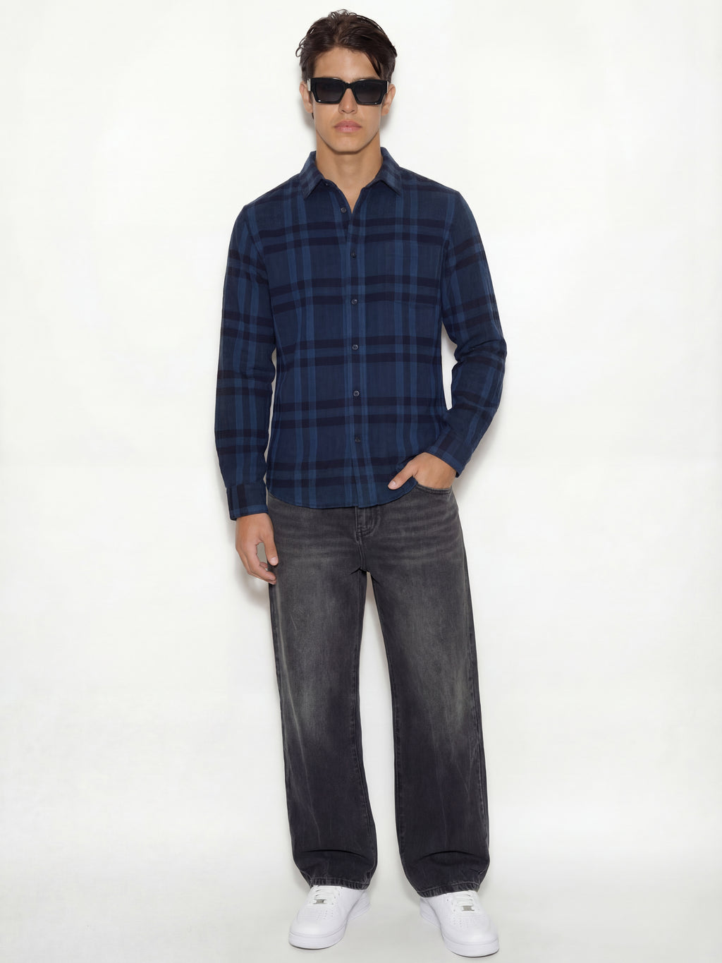 Highlander Men Navy Blue Checked Oversized Fit Casual Shirt - Navy Blue - Image 2