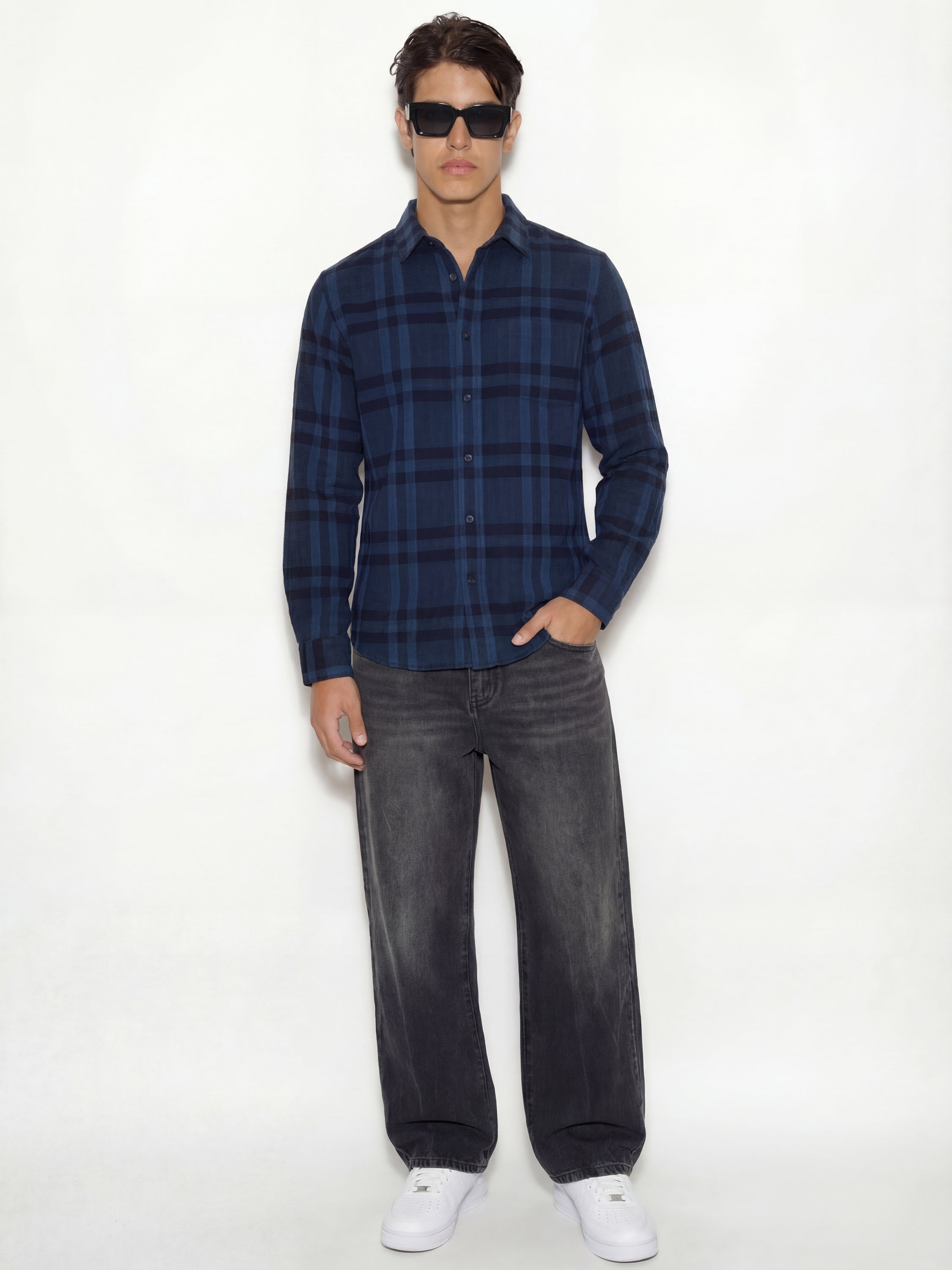 Highlander Men Navy Blue Checked Oversized Fit Casual Shirt - Navy Blue - Image 2