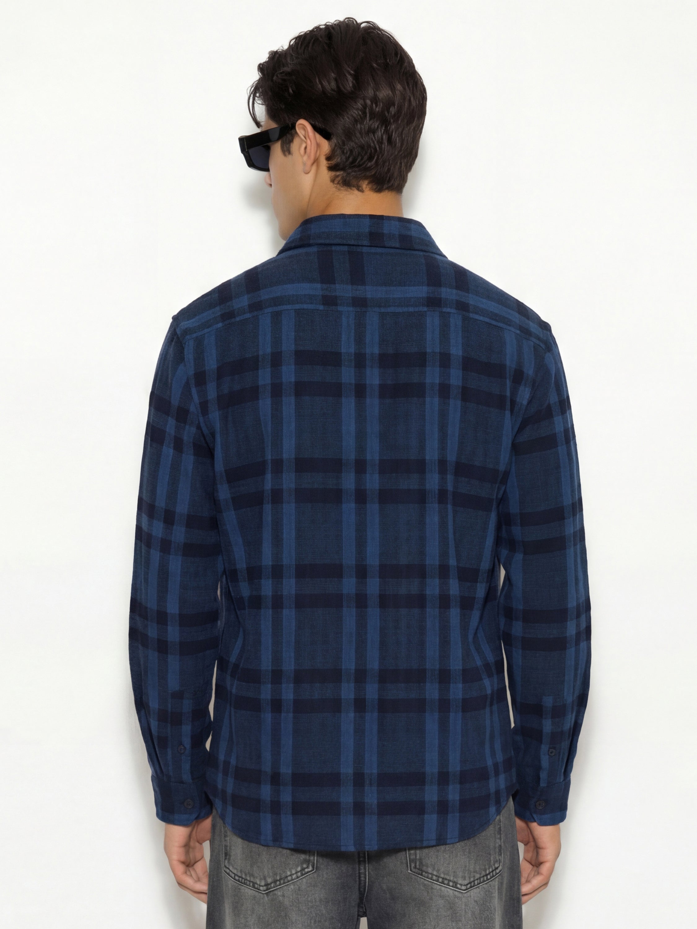 Highlander Men Navy Blue Checked Oversized Fit Casual Shirt - Navy Blue - Image 3