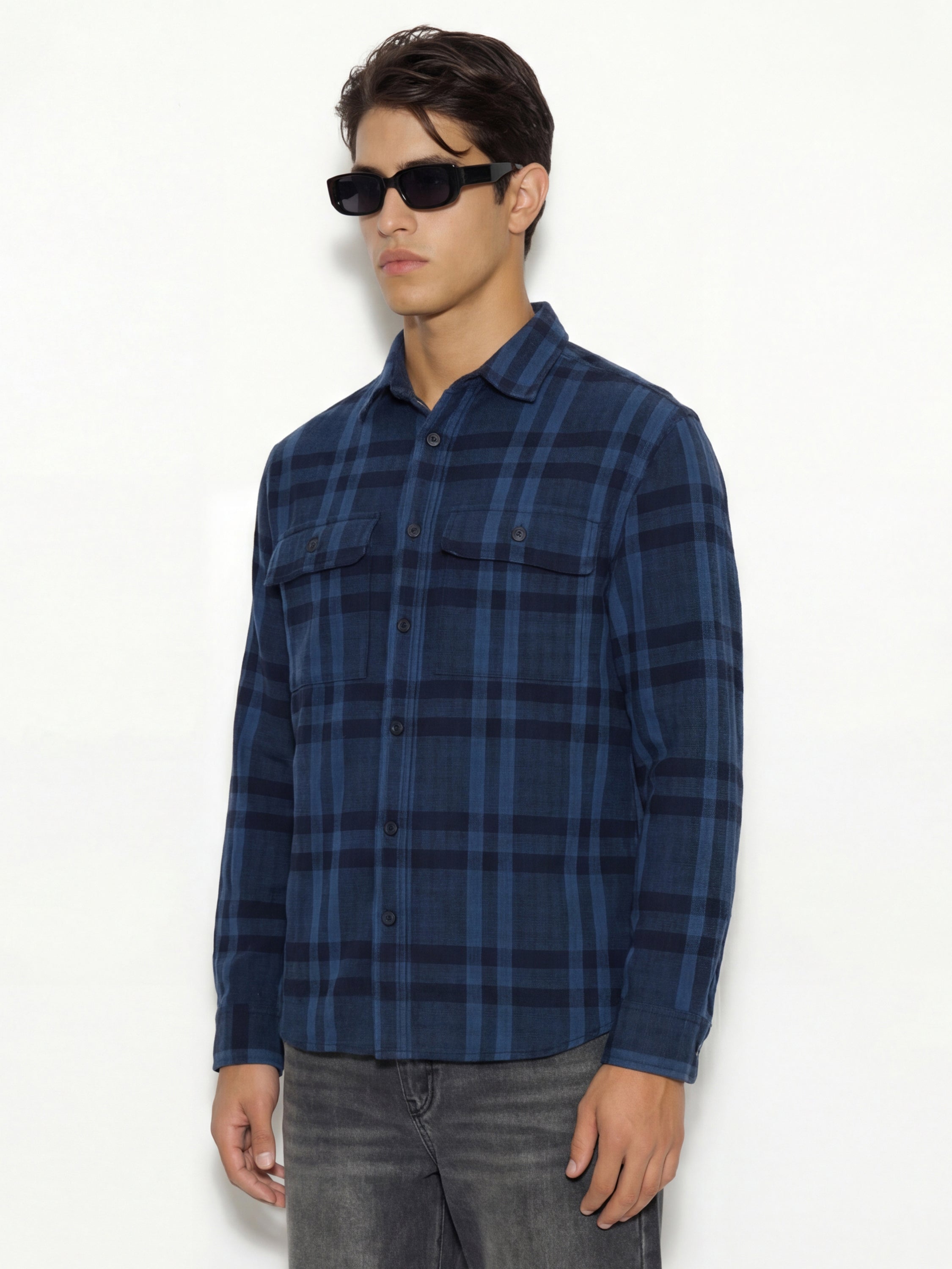 Highlander Men Navy Blue Checked Oversized Fit Casual Shirt - Navy Blue - Image 4