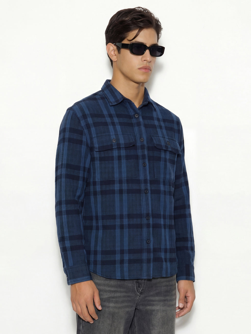Highlander Men Navy Blue Checked Oversized Fit Casual Shirt - Navy Blue - Image 6