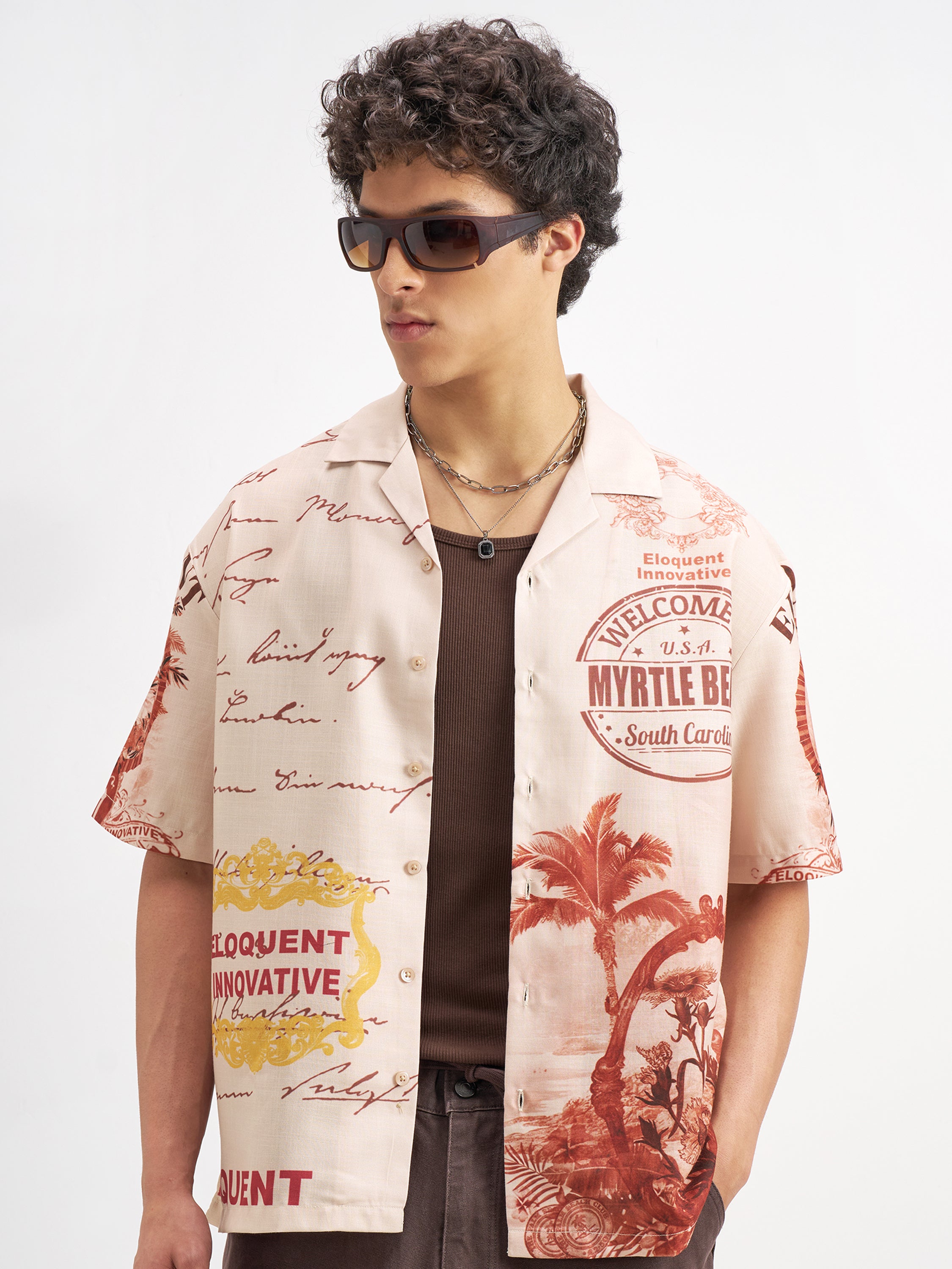 Highlander Men Peach Printed Oversized Fit Casual Shirt - Peach - Image 1