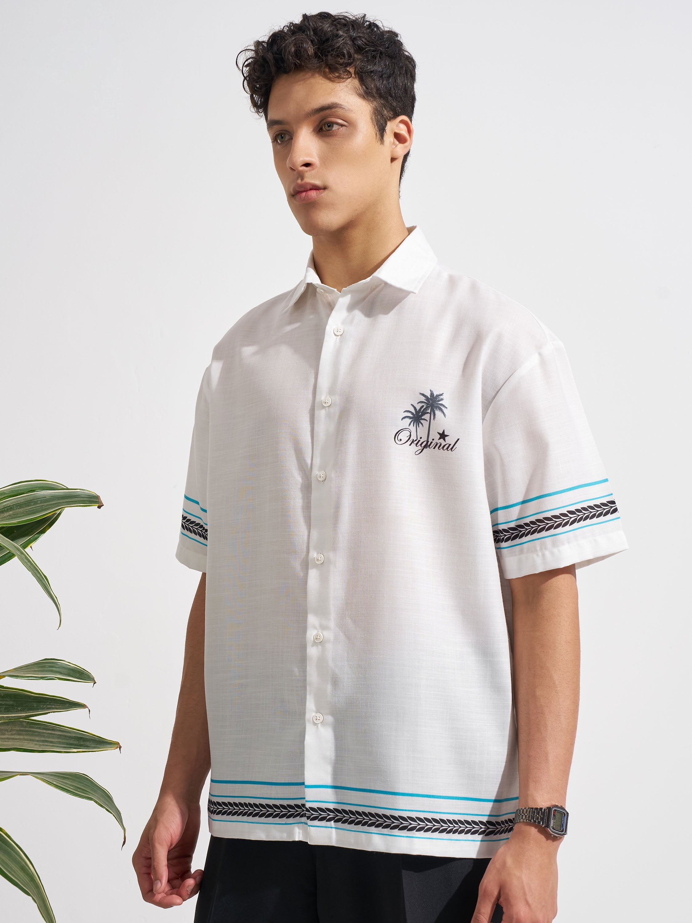 Highlander Men White Printed Oversized Fit Casual Shirt