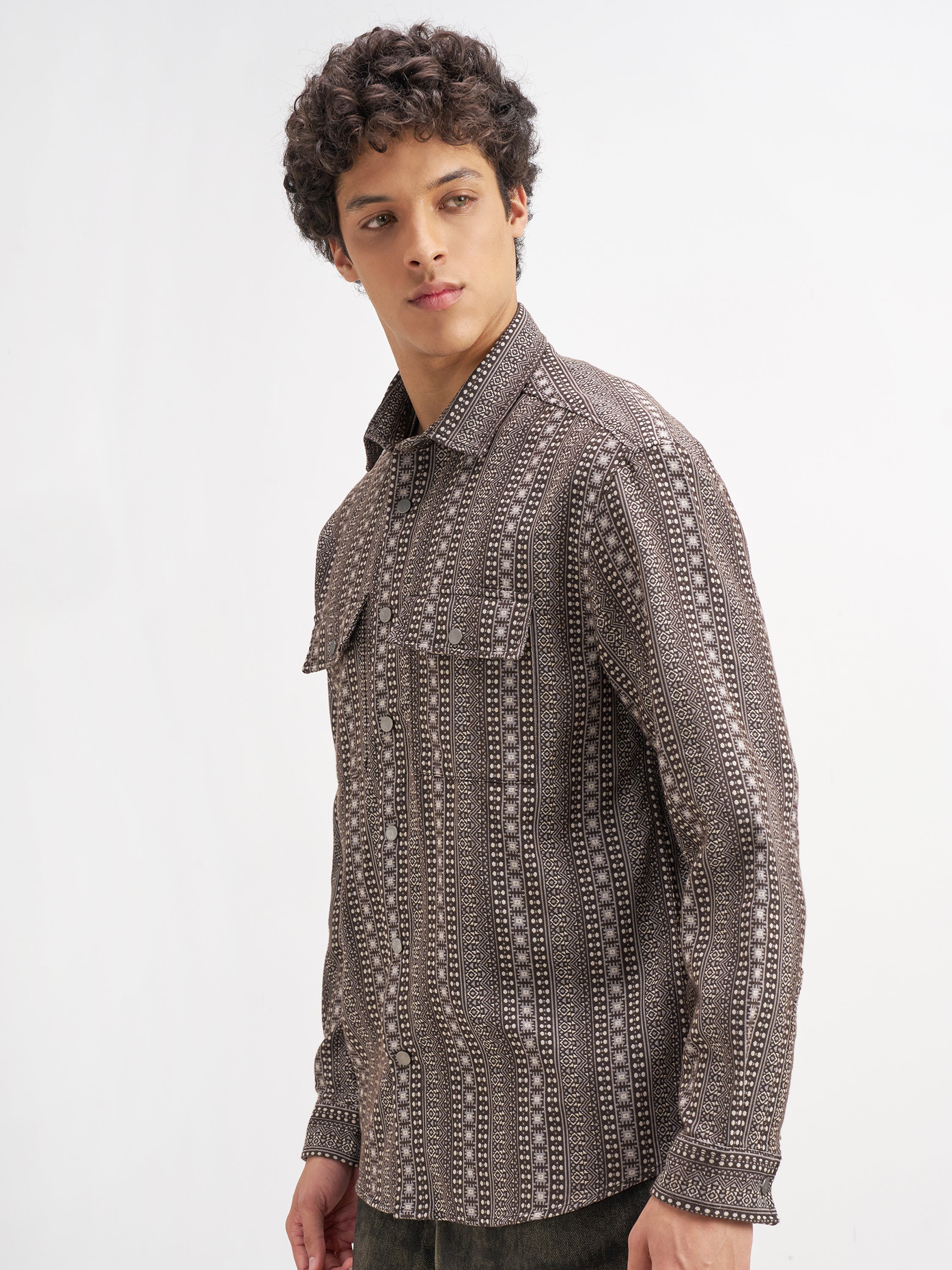 Highlander Men Brown Self Design Relaxed Fit Casual Shirt - Brown - Image 4
