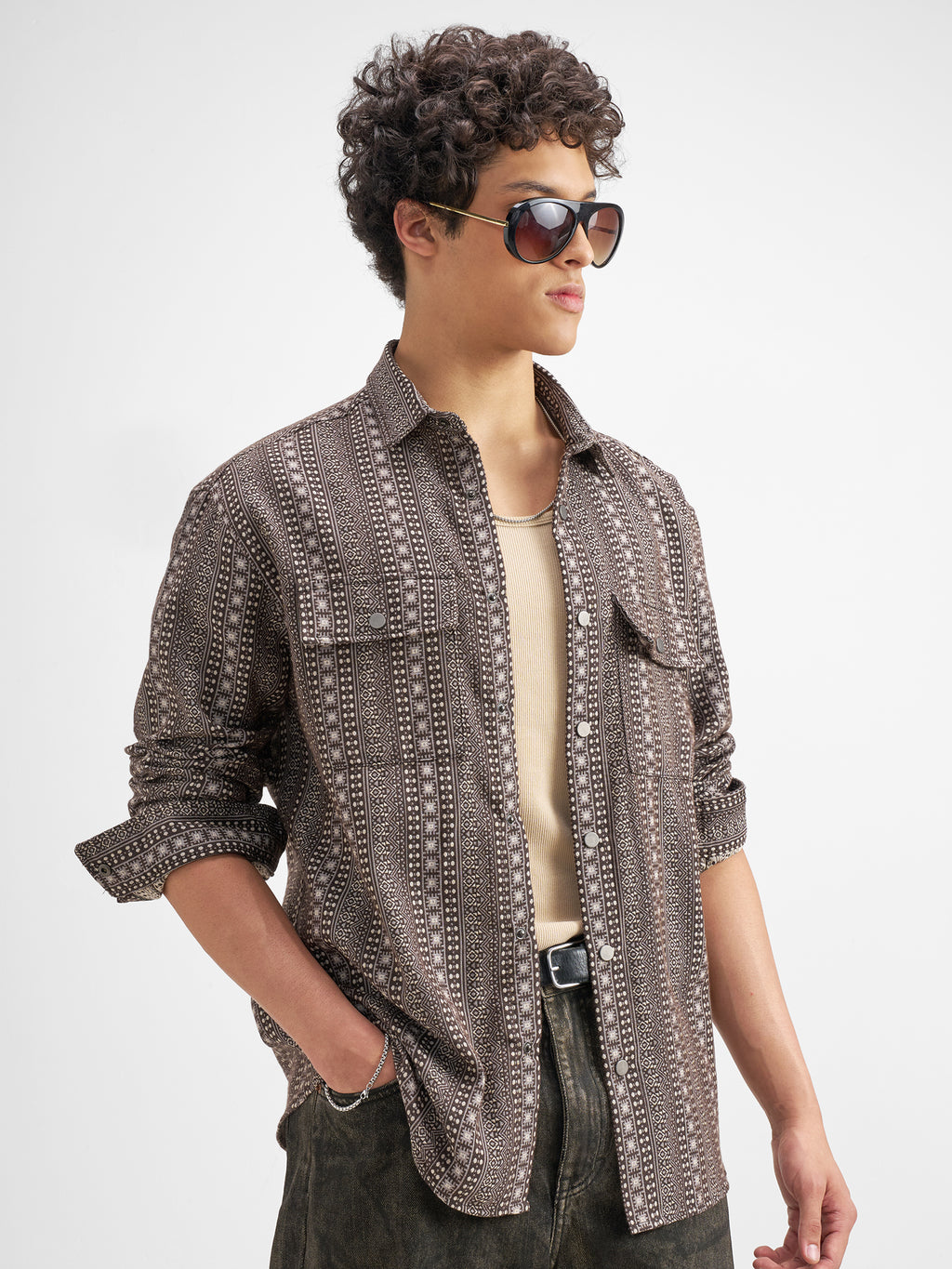 Highlander Men Brown Self Design Relaxed Fit Casual Shirt - Brown - Image 6