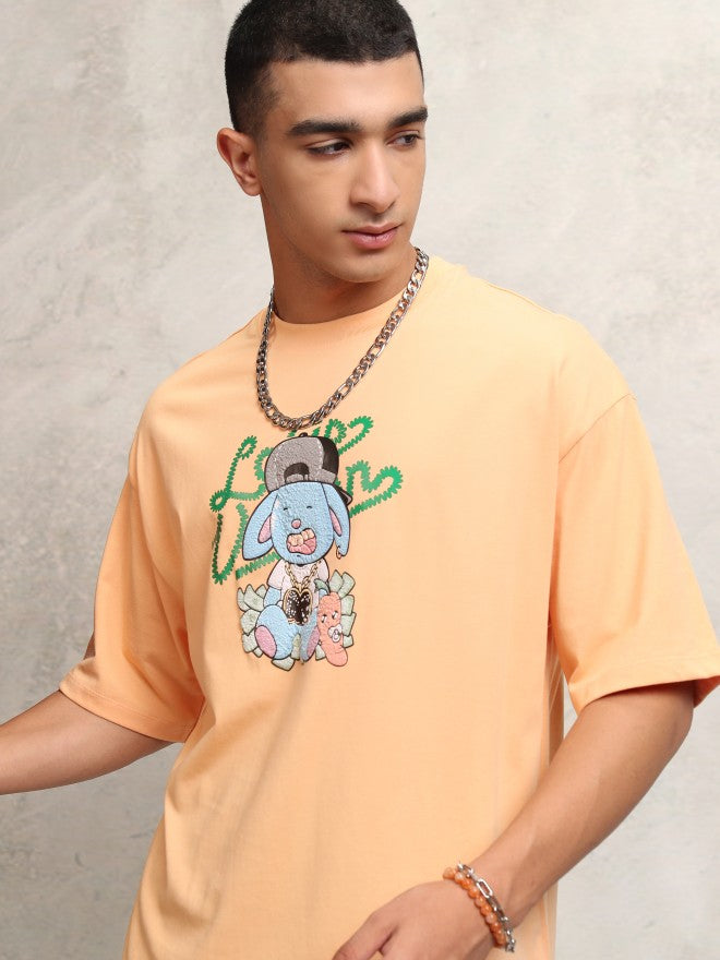 Highlander Men Peach Printed Round Neck Oversized Fit T-Shirt - Peach - Image 1