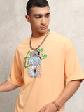 Highlander Men Peach Printed Round Neck Oversized Fit T-Shirt - Peach - Image 1